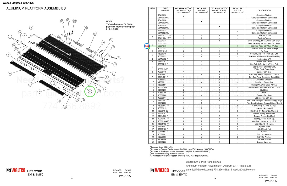 Waltco Liftgate | 80001376 — Aluminum Platform Assemblies · Diagram p.17 · Table p.16 (Waltco EM-Series Parts Manual)