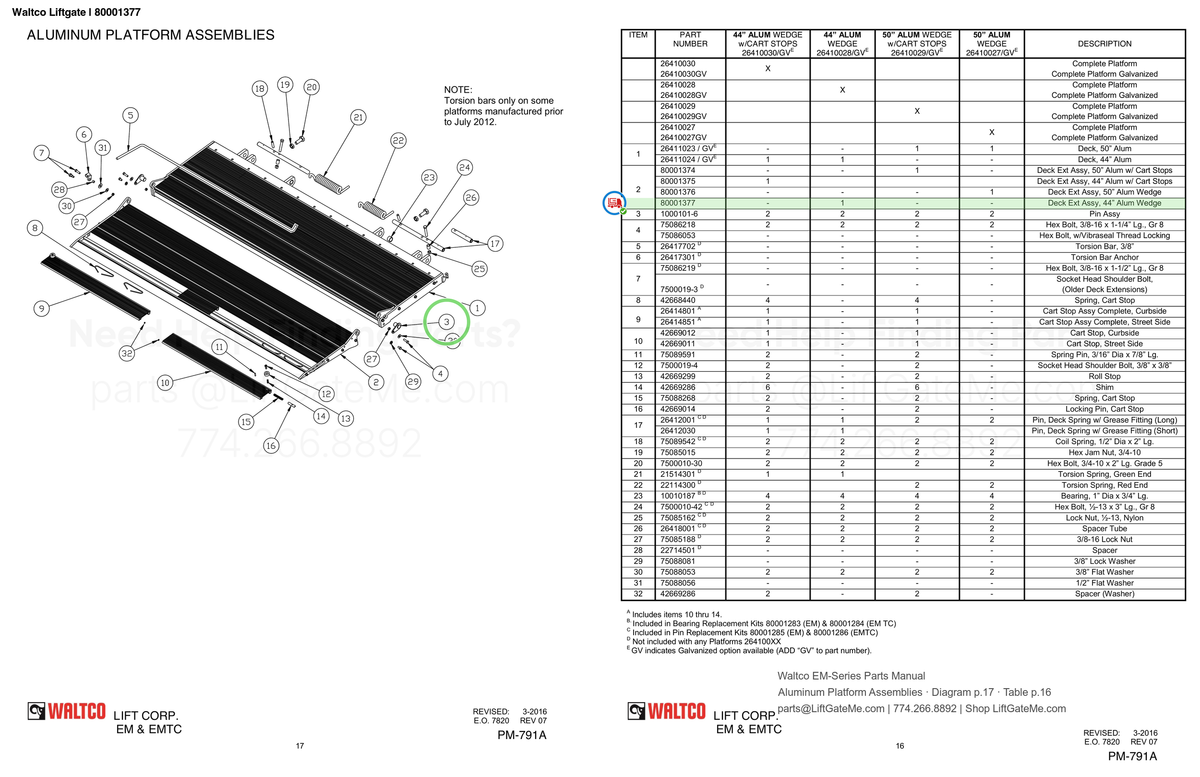 Waltco Liftgate | 80001377 — Aluminum Platform Assemblies · Diagram p.17 · Table p.16 (Waltco EM-Series Parts Manual)