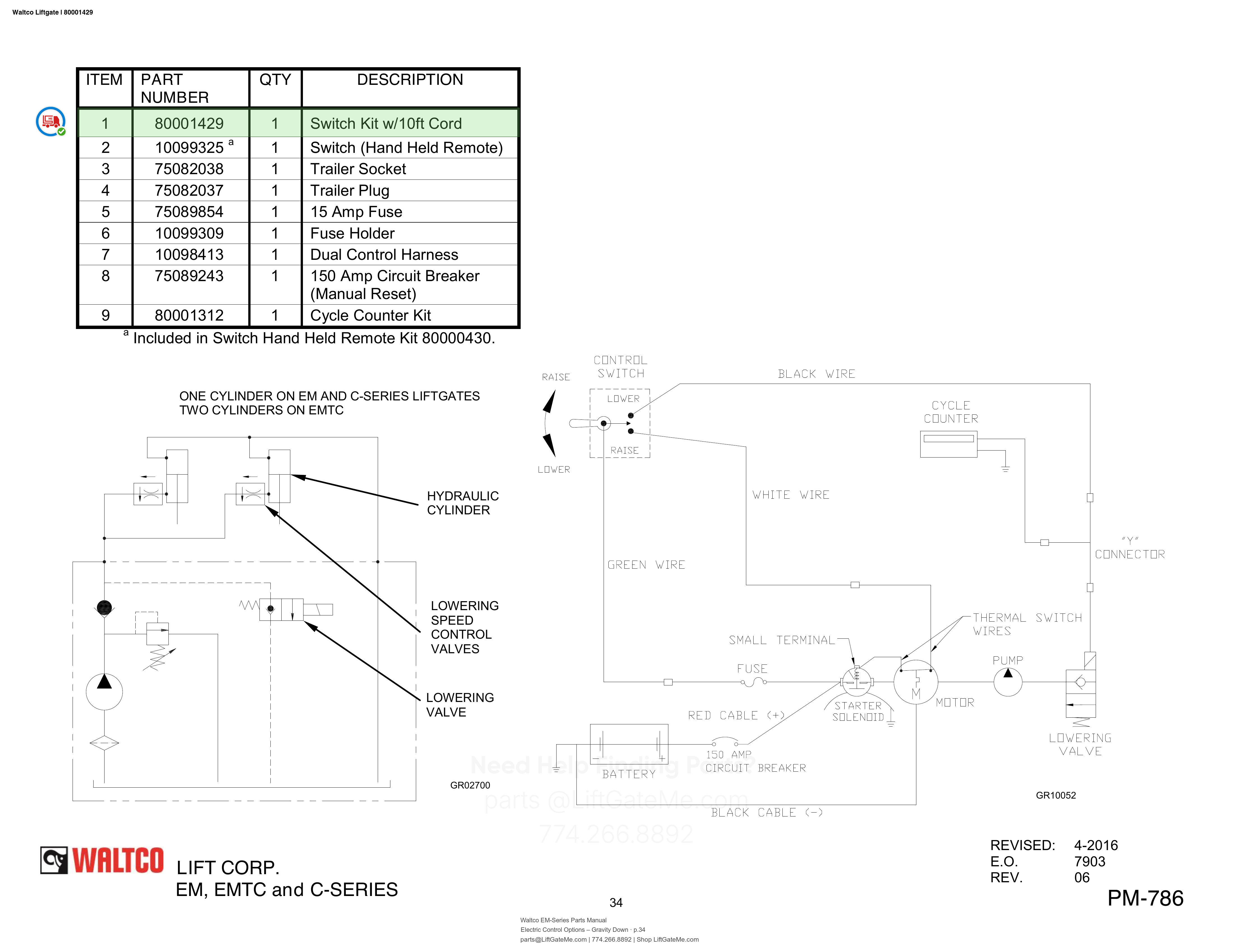 Waltco Liftgate | 80001429 — Electric Control Options – Gravity Down · p.34 (Waltco EM-Series Parts Manual)