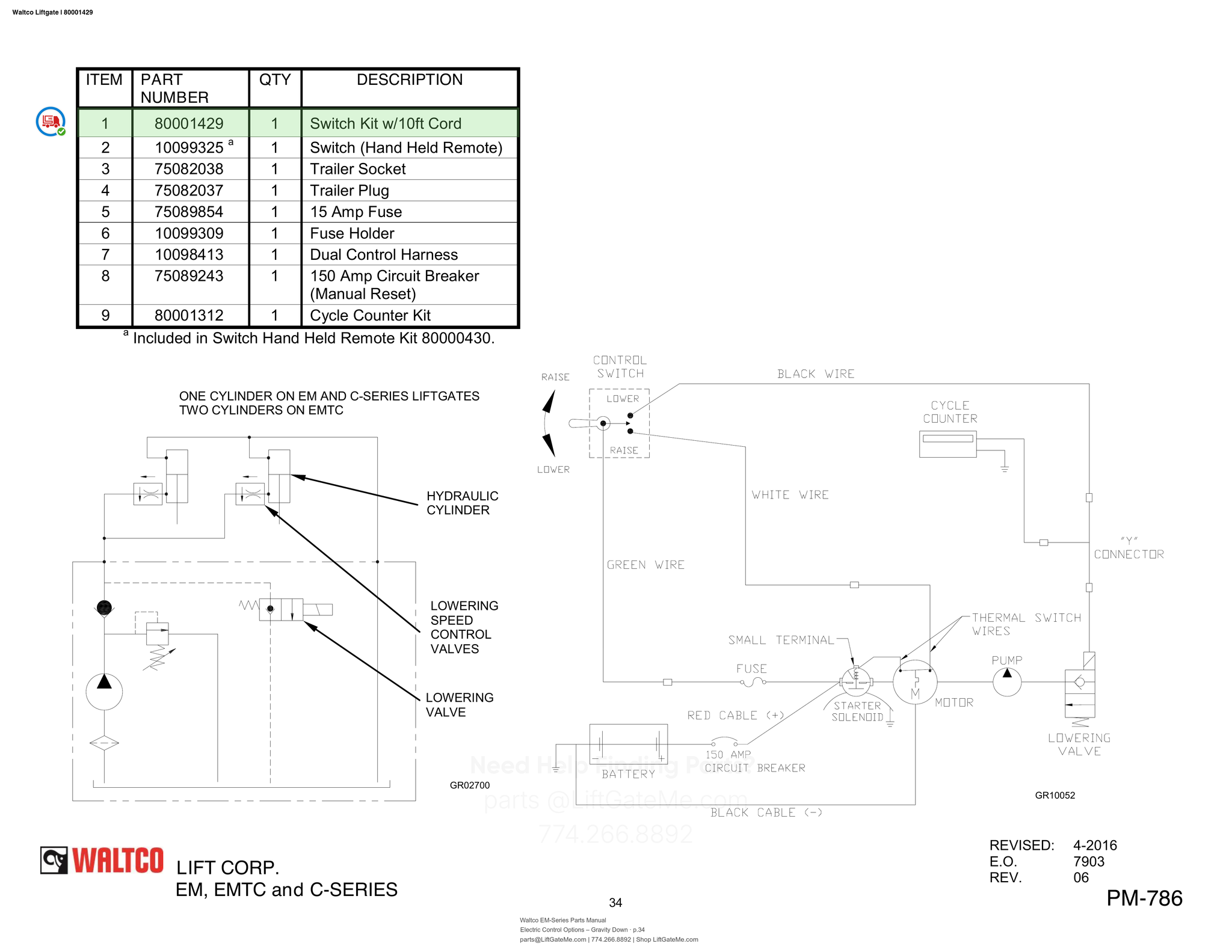 Waltco Liftgate | 80001429 — Electric Control Options – Gravity Down · p.34 (Waltco EM-Series Parts Manual)