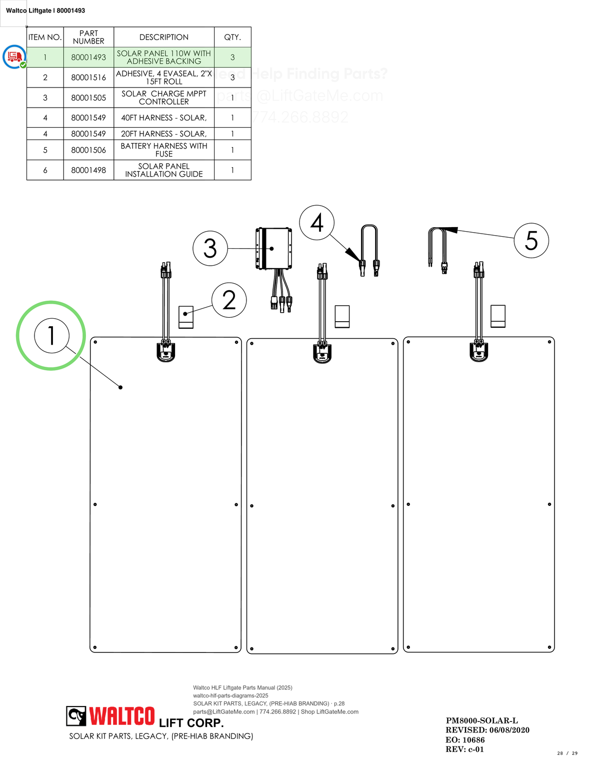 Waltco Liftgate | 80001493 — SOLAR KIT PARTS, LEGACY, (PRE-HIAB BRANDING) · p.28 (Waltco HLF Parts Manual)