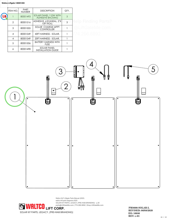 Waltco Liftgate | 80001493 — SOLAR KIT PARTS, LEGACY, (PRE-HIAB BRANDING) · p.28 (Waltco HLF Parts Manual)