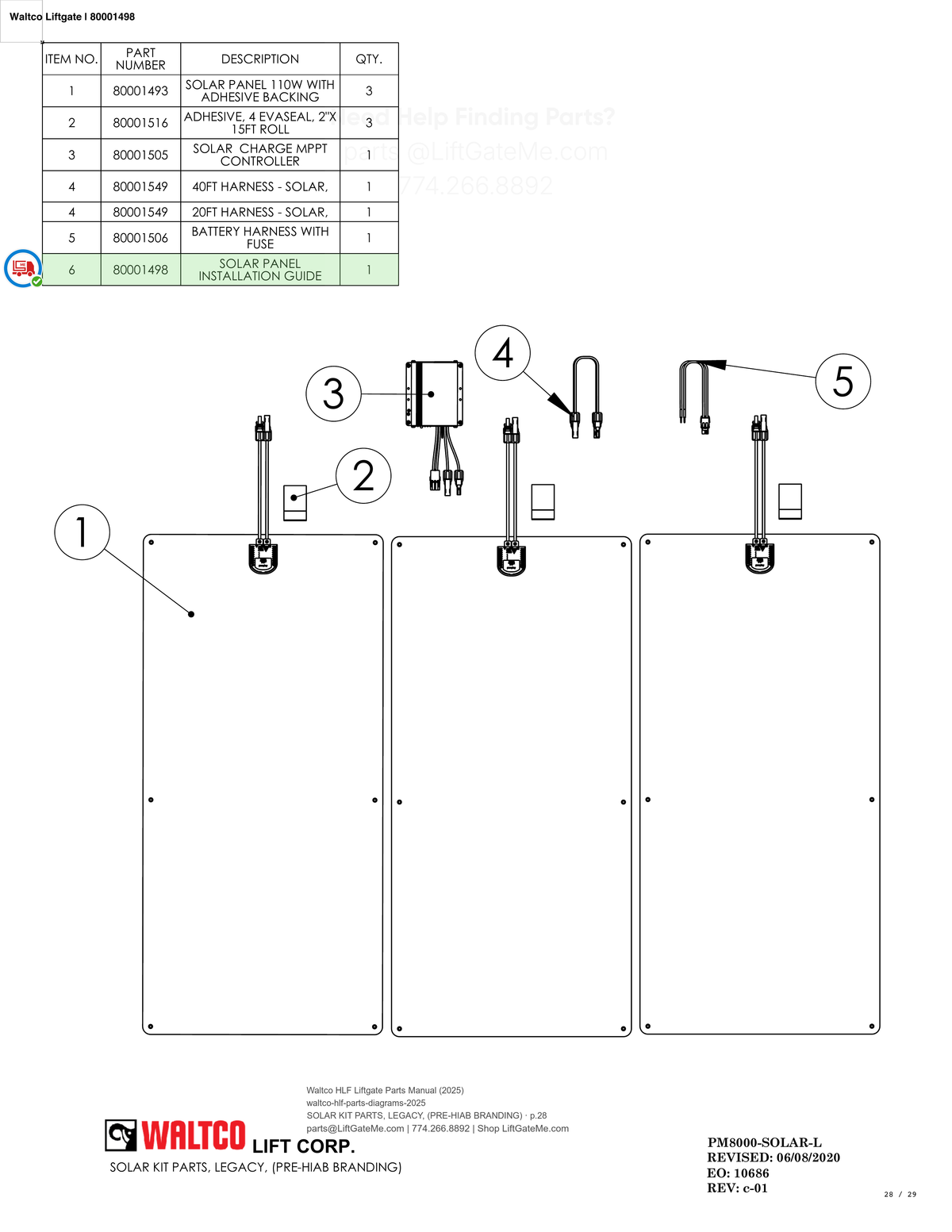 Waltco Liftgate | 80001498 — SOLAR KIT PARTS, LEGACY, (PRE-HIAB BRANDING) · p.28 (Waltco HLF Parts Manual)