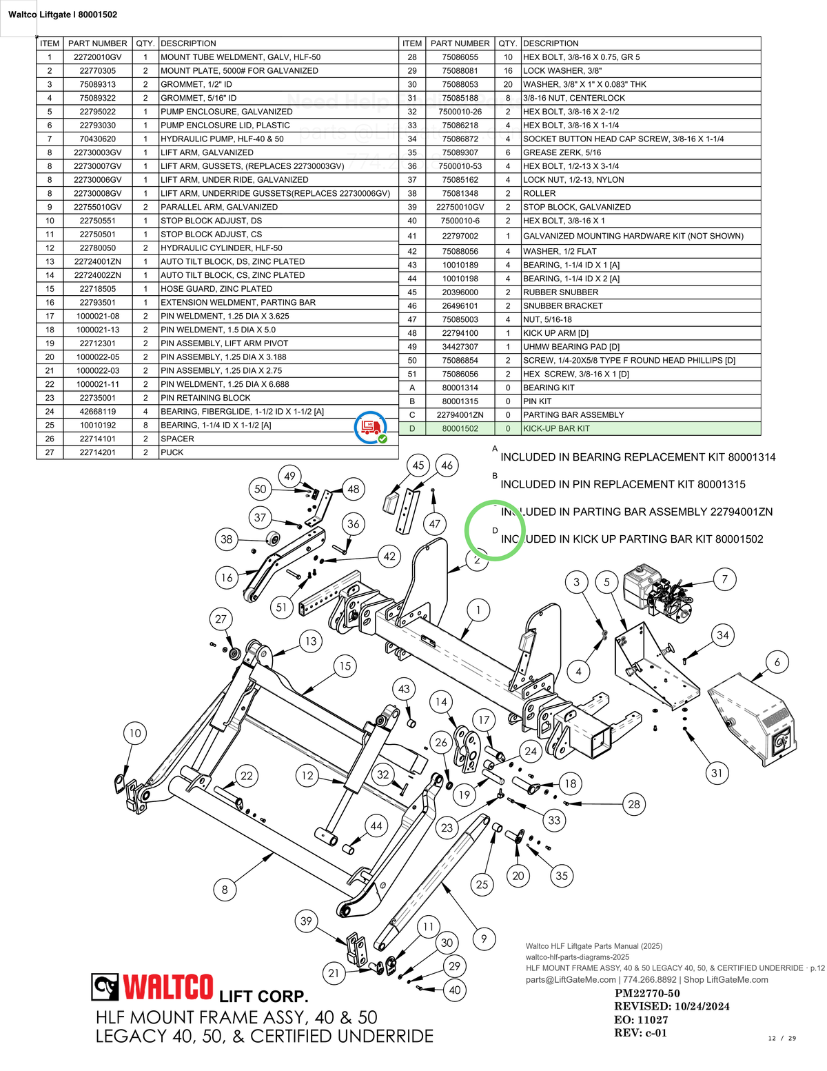 Waltco Liftgate | 80001502 — HLF MOUNT FRAME ASSY, 40 & 50 LEGACY 40, 50, & CERTIFIED UNDERRIDE · p.12 (Waltco HLF Parts Manual)