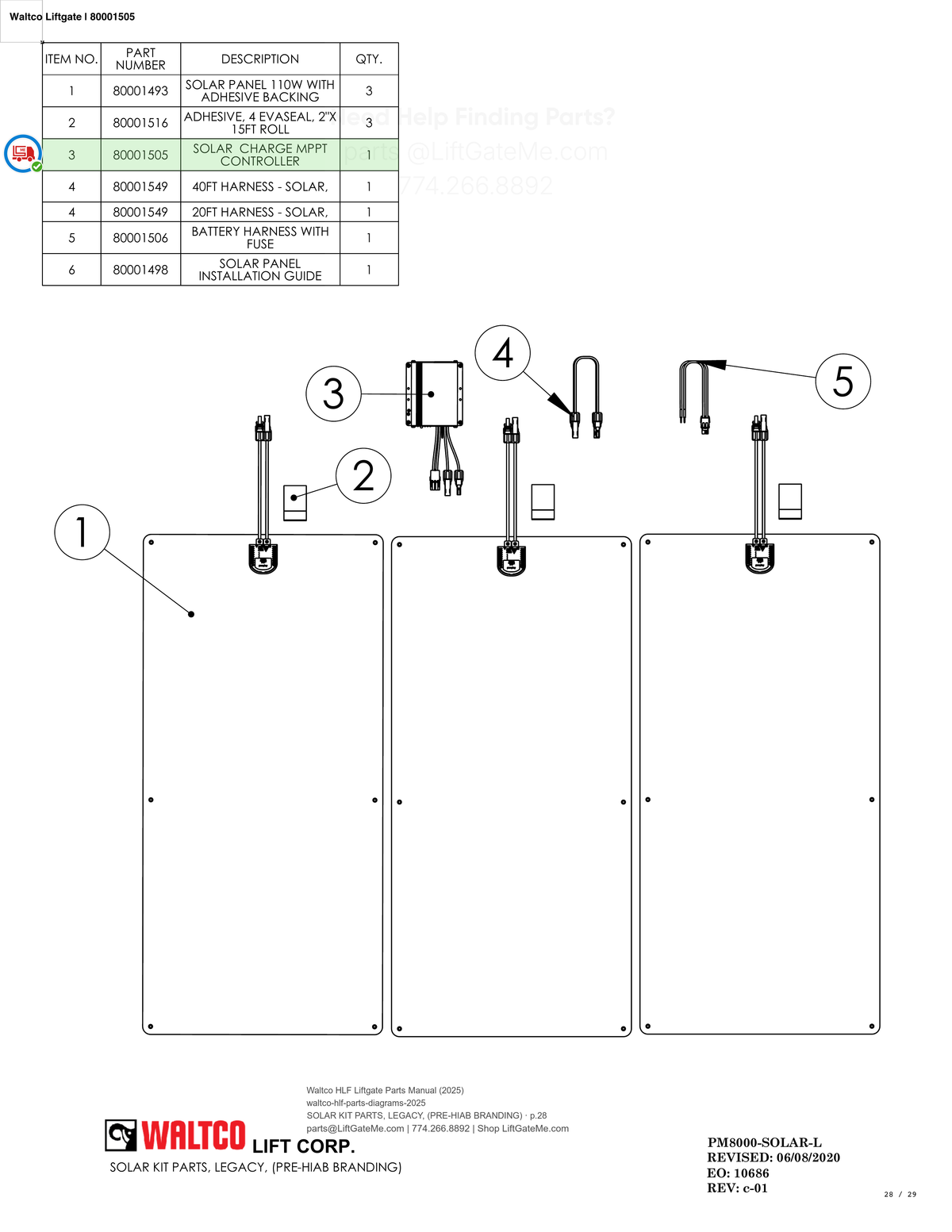 Waltco Liftgate | 80001505 — SOLAR KIT PARTS, LEGACY, (PRE-HIAB BRANDING) · p.28 (Waltco HLF Parts Manual)