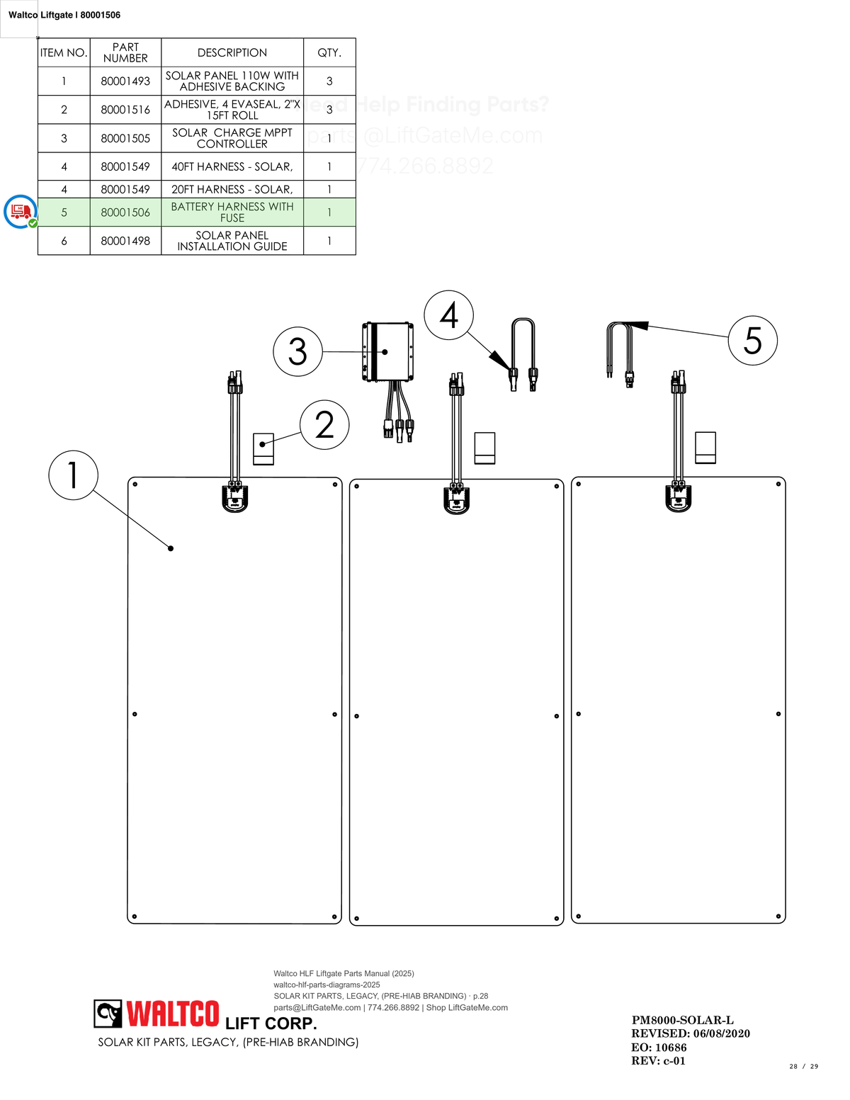 Waltco Liftgate | 80001506 — SOLAR KIT PARTS, LEGACY, (PRE-HIAB BRANDING) · p.28 (Waltco HLF Parts Manual)