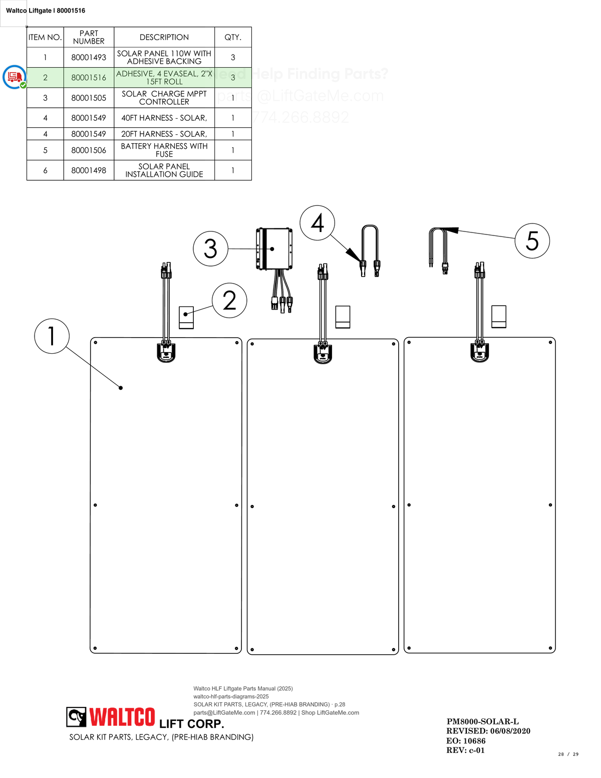 Waltco Liftgate | 80001516 — SOLAR KIT PARTS, LEGACY, (PRE-HIAB BRANDING) · p.28 (Waltco HLF Parts Manual)