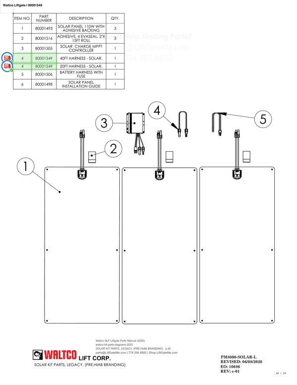 Waltco Liftgate | 80001549 — SOLAR KIT PARTS, LEGACY, (PRE-HIAB BRANDING) · p.28 (Waltco HLF Parts Manual)