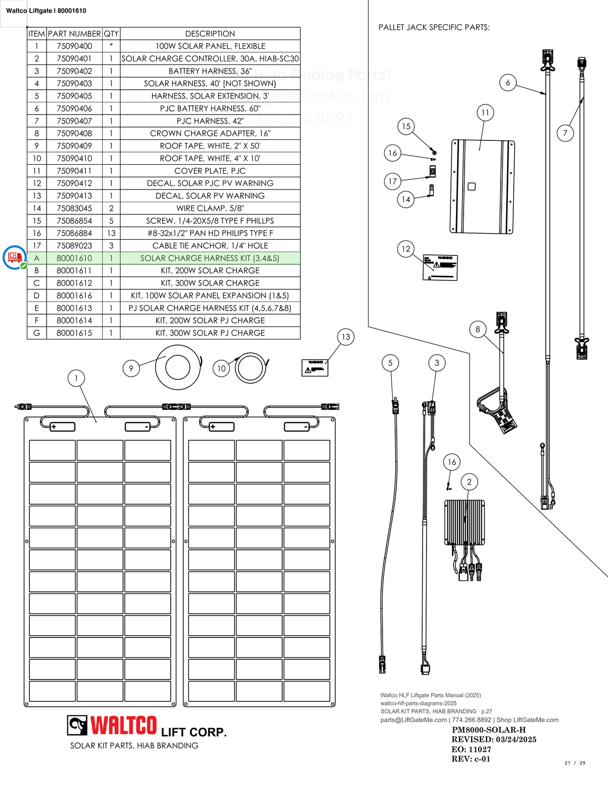 Waltco Liftgate | 80001610 — SOLAR KIT PARTS, HIAB BRANDING · p.27 (Waltco HLF Parts Manual)