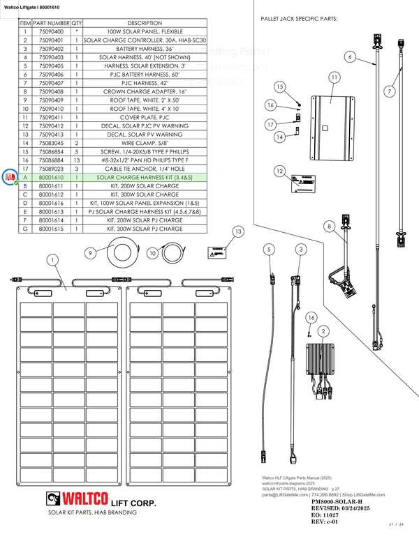 Waltco Liftgate | 80001610 — SOLAR KIT PARTS, HIAB BRANDING · p.27 (Waltco HLF Parts Manual)