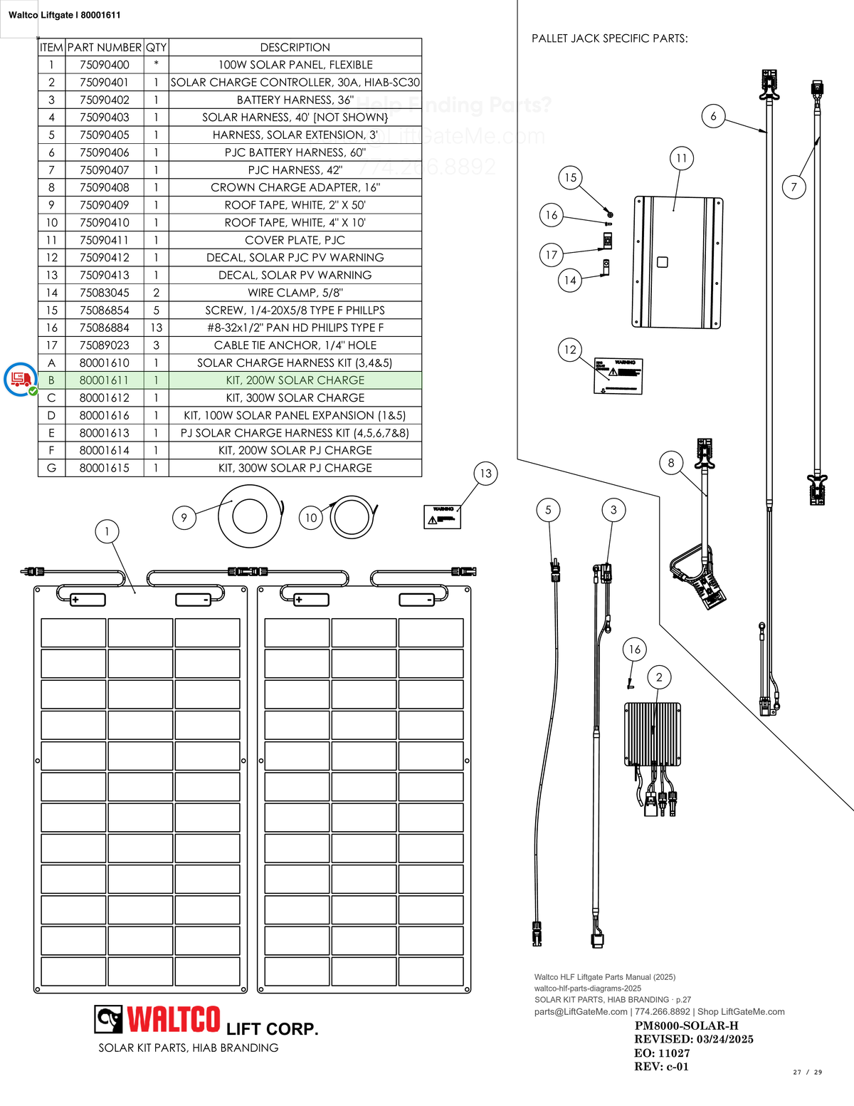 Waltco Liftgate | 80001611 — SOLAR KIT PARTS, HIAB BRANDING · p.27 (Waltco HLF Parts Manual)