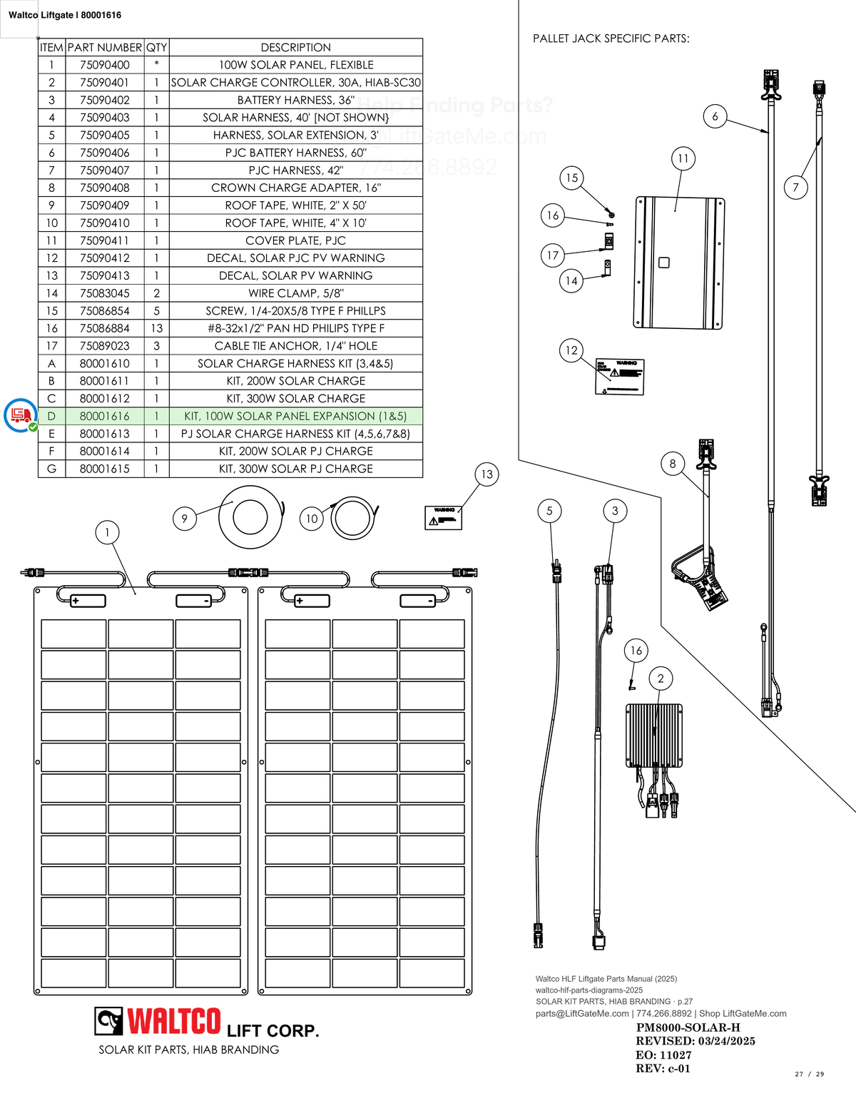 Waltco Liftgate | 80001616 — SOLAR KIT PARTS, HIAB BRANDING · p.27 (Waltco HLF Parts Manual)
