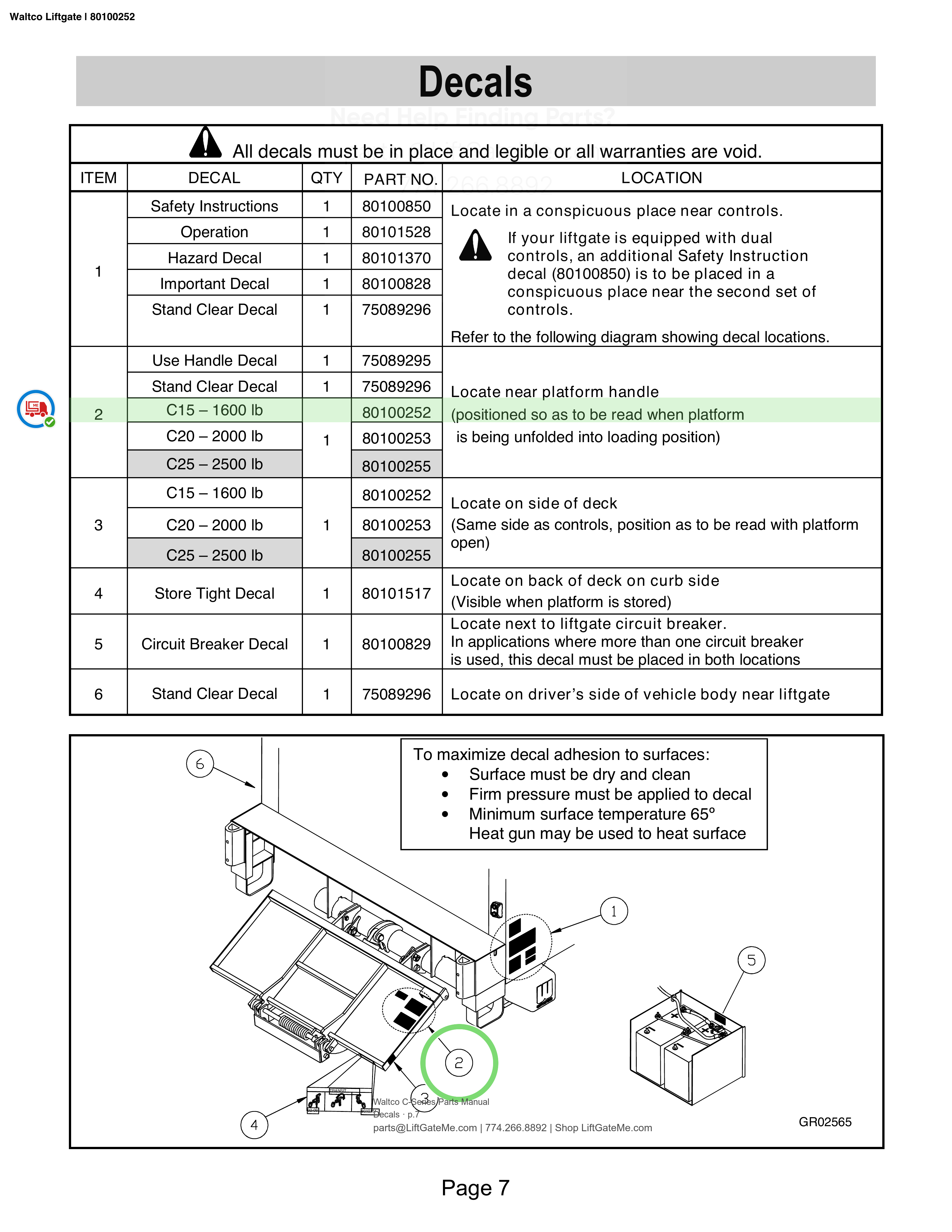Waltco Liftgate | 80100252 — Decals · p.7 (Waltco C-Series Parts Manual)