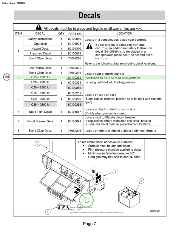 Waltco Liftgate | 80100252 — Decals · p.7 (Waltco C-Series Parts Manual)