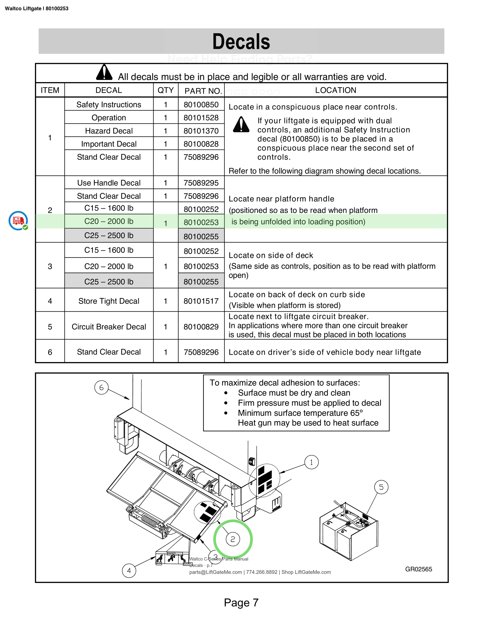 Waltco Liftgate | 80100253 — Decals · p.7 (Waltco C-Series Parts Manual)