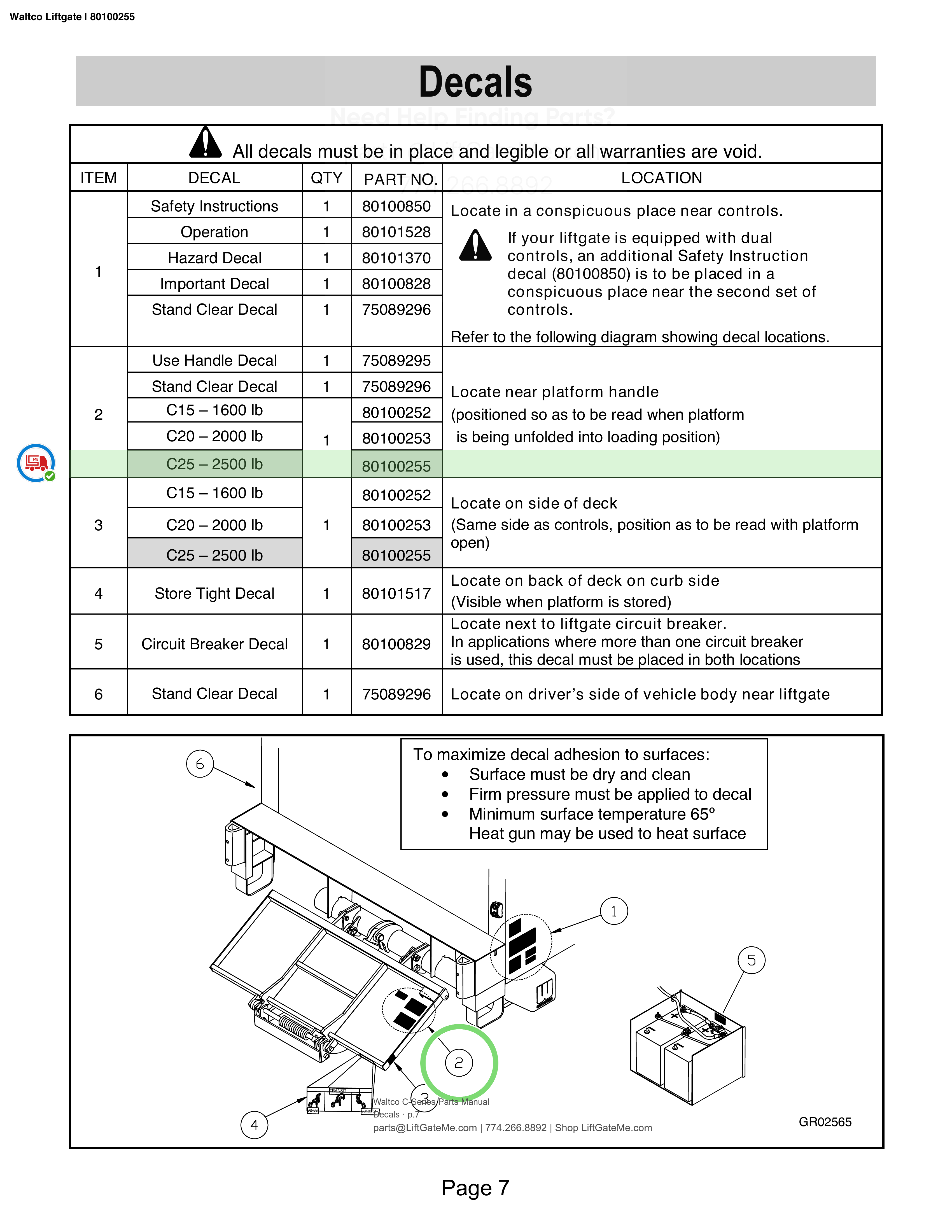 Waltco Liftgate | 80100255 — Decals · p.7 (Waltco C-Series Parts Manual)