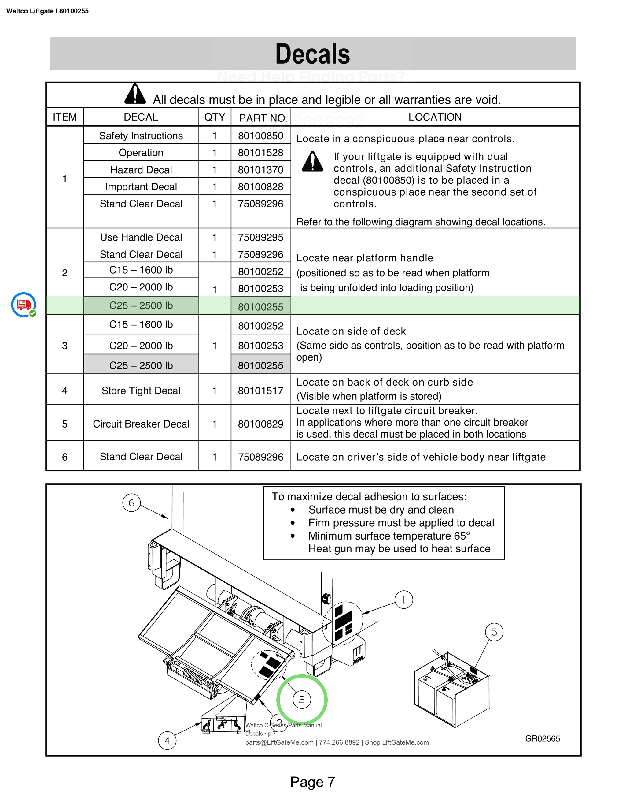 Waltco Liftgate | 80100255 — Decals · p.7 (Waltco C-Series Parts Manual)