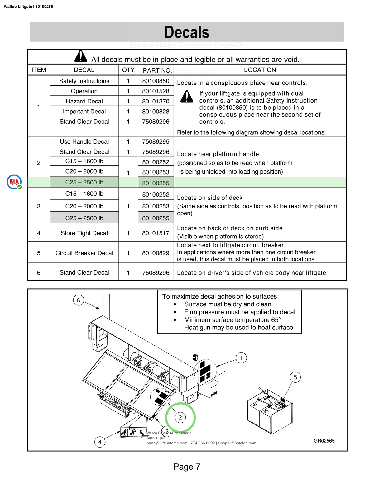 Waltco Liftgate | 80100255 — Decals · p.7 (Waltco C-Series Parts Manual)
