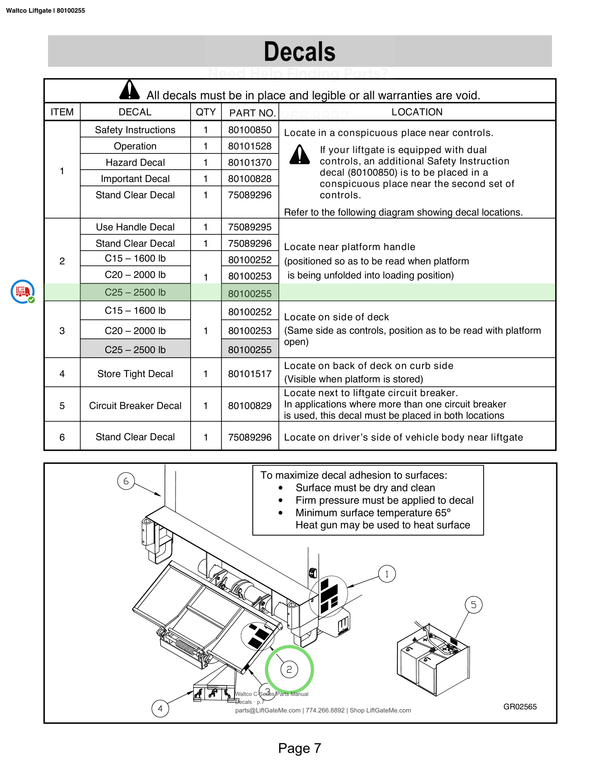 Waltco Liftgate | 80100255 — Decals · p.7 (Waltco C-Series Parts Manual)