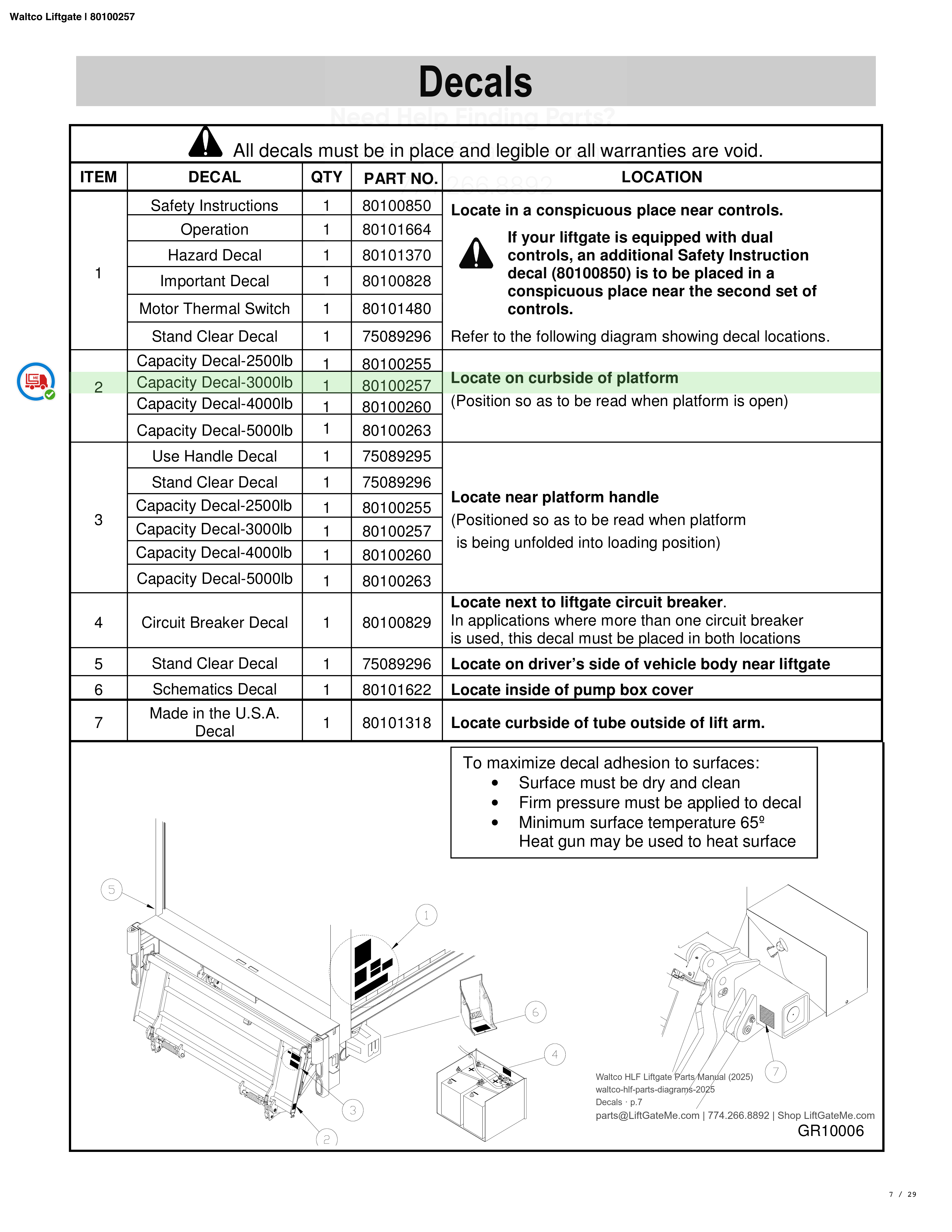 Waltco Liftgate | 80100257 — Decals · p.7 (Waltco HLF Parts Manual)