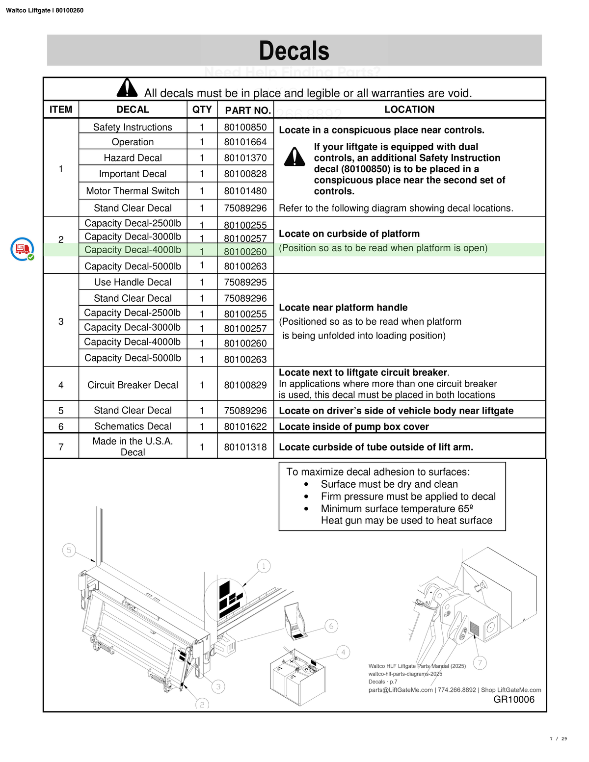 Waltco Liftgate | 80100260 — Decals · p.7 (Waltco HLF Parts Manual)