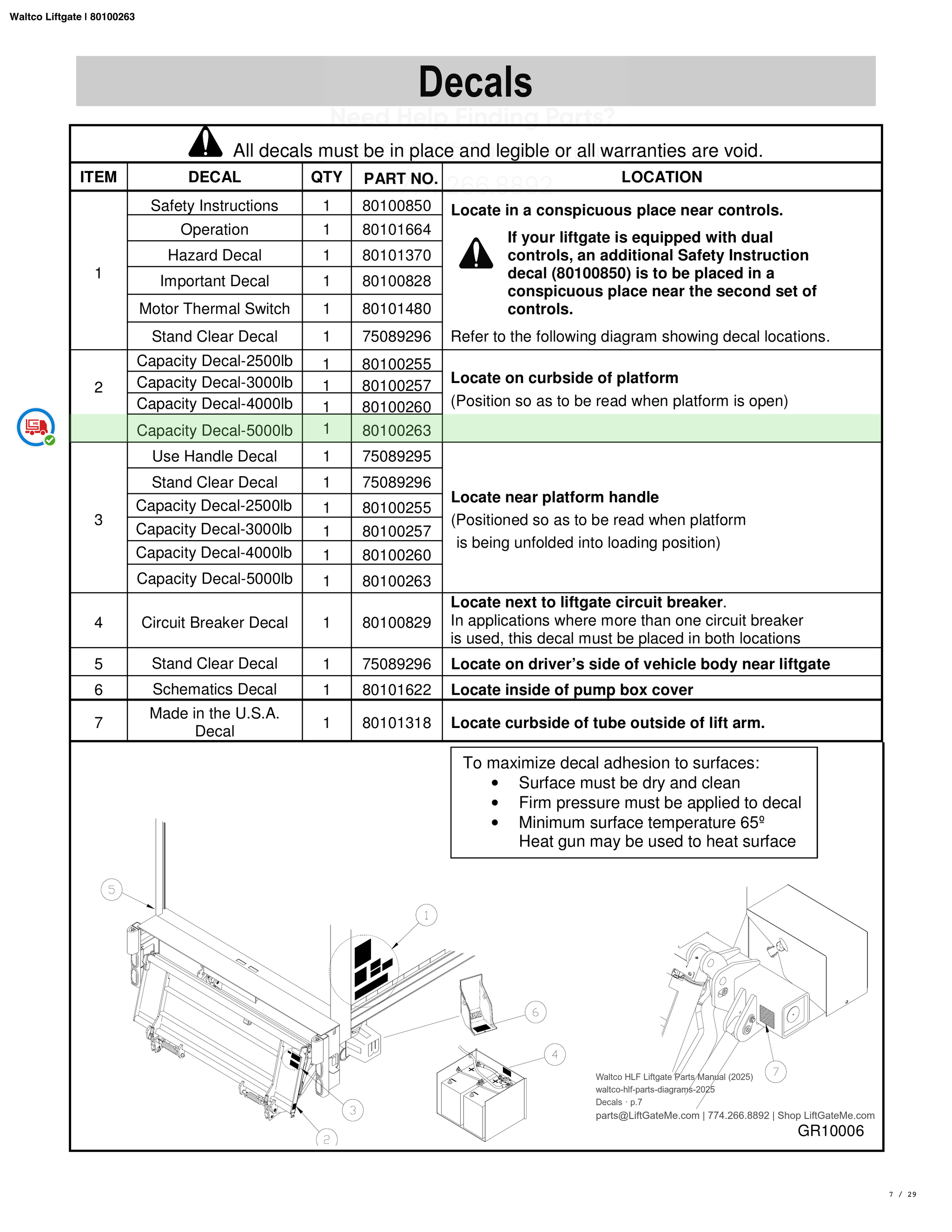 Waltco Liftgate | 80100263 — Decals · p.7 (Waltco HLF Parts Manual)