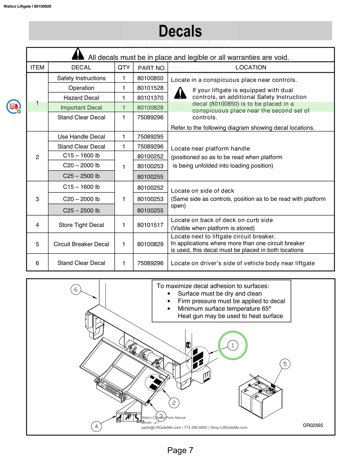 Waltco Liftgate | 80100828 — Decals · p.7 (Waltco C-Series Parts Manual)