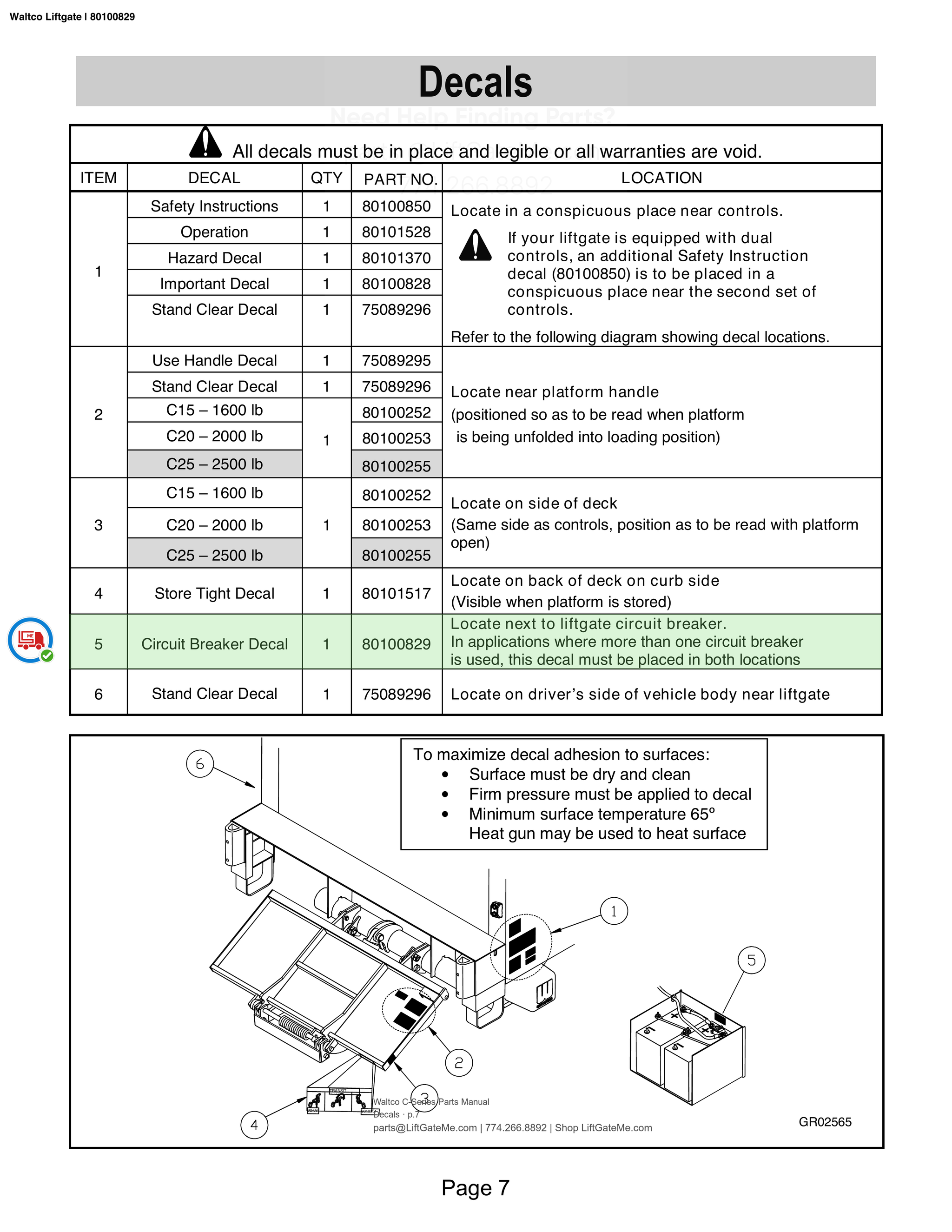 Waltco Liftgate | 80100829 — Decals · p.7 (Waltco C-Series Parts Manual)