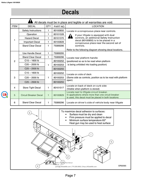 Waltco Liftgate | 80100829 — Decals · p.7 (Waltco C-Series Parts Manual)