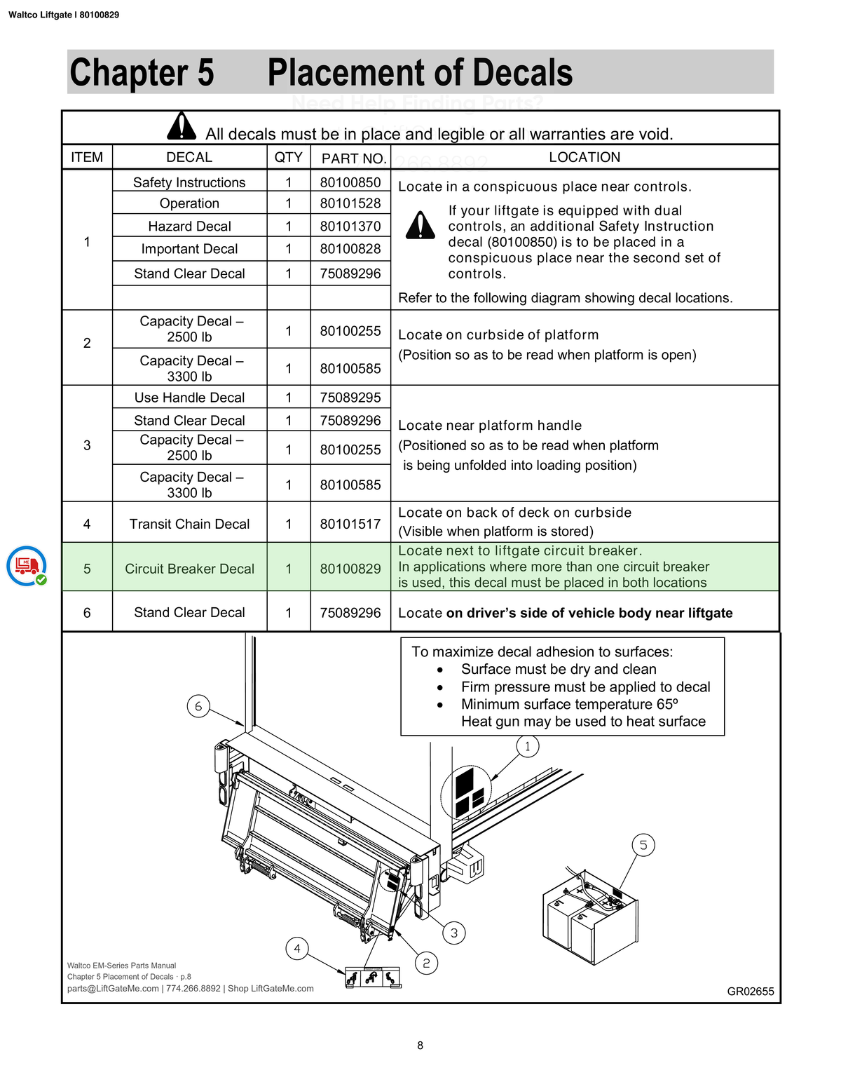 Waltco Liftgate | 80100829 — Chapter 5 Placement of Decals · p.8 (Waltco EM-Series Parts Manual)
