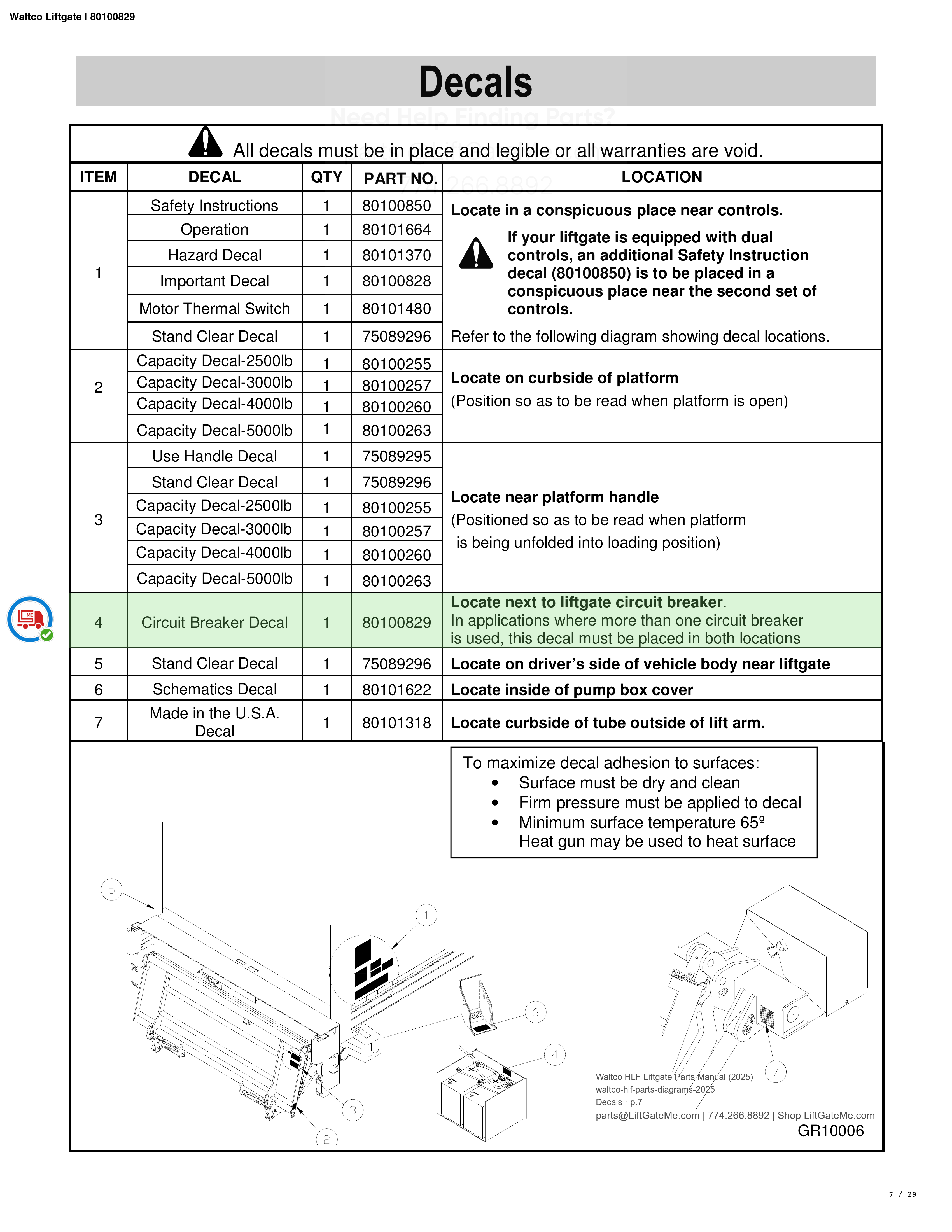 Waltco Liftgate | 80100829 — Decals · p.7 (Waltco C-Series Parts Manual)
