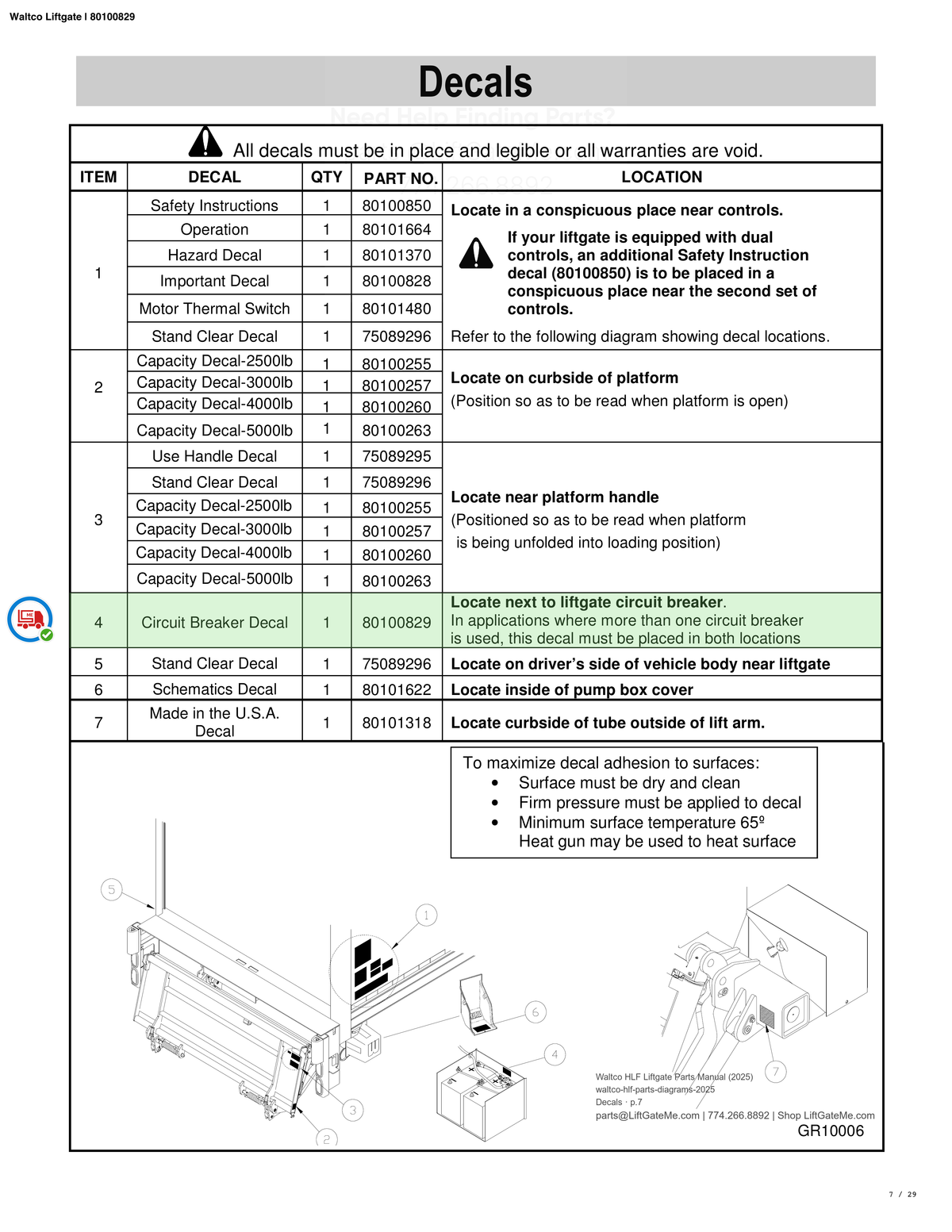 Waltco Liftgate | 80100829 — Decals · p.7 (Waltco C-Series Parts Manual)