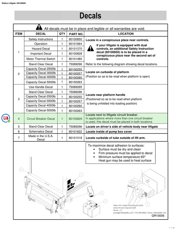 Waltco Liftgate | 80100829 — Decals · p.7 (Waltco C-Series Parts Manual)
