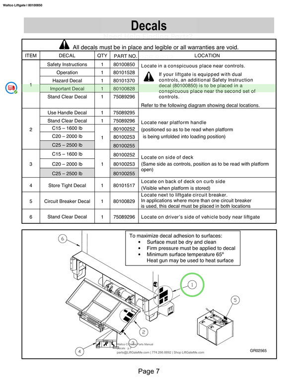 Waltco Liftgate | 80100850 — Decals · p.7 (Waltco C-Series Parts Manual)