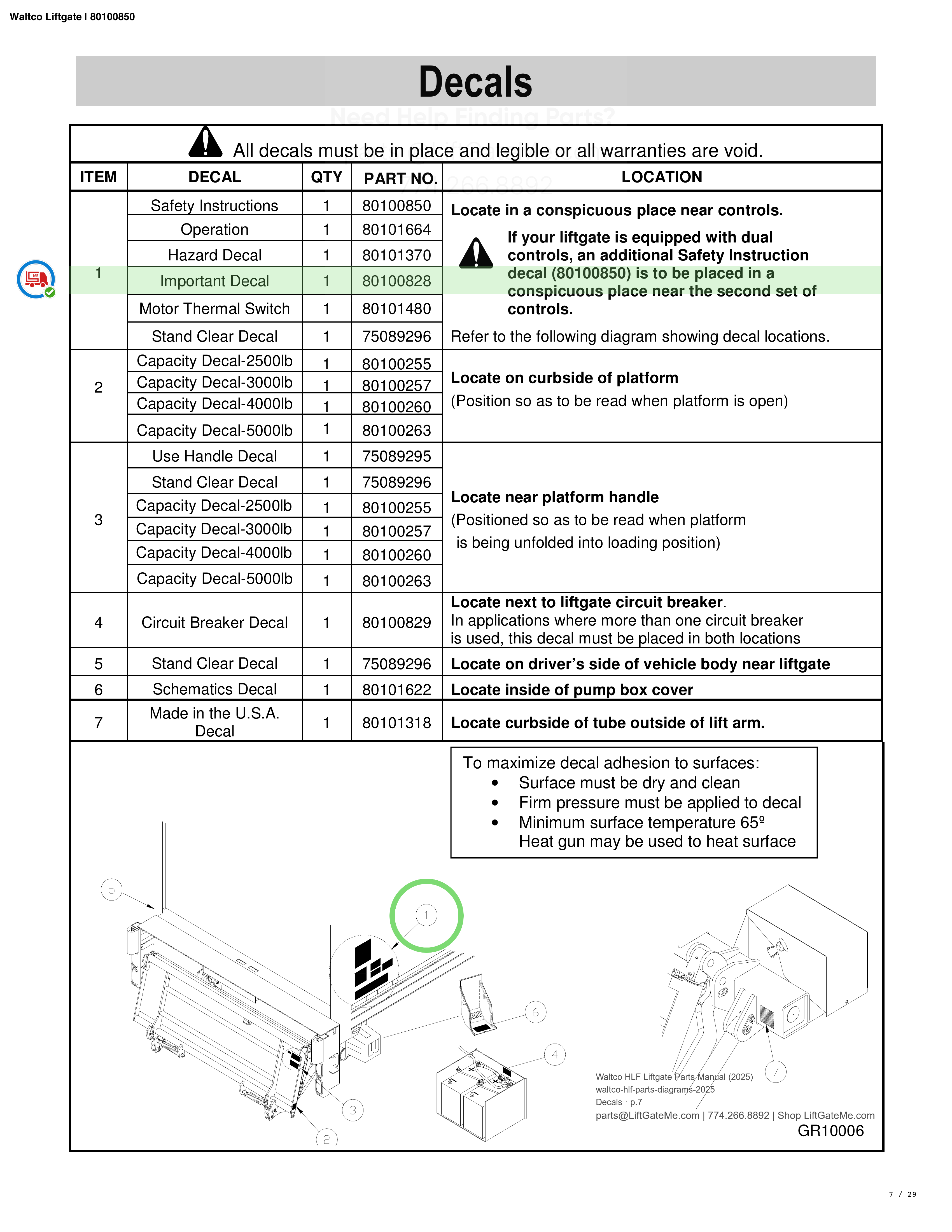 Waltco Liftgate | 80100850 — Decals · p.7 (Waltco C-Series Parts Manual)