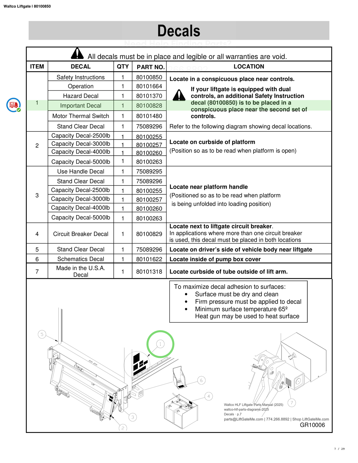 Waltco Liftgate | 80100850 — Decals · p.7 (Waltco C-Series Parts Manual)
