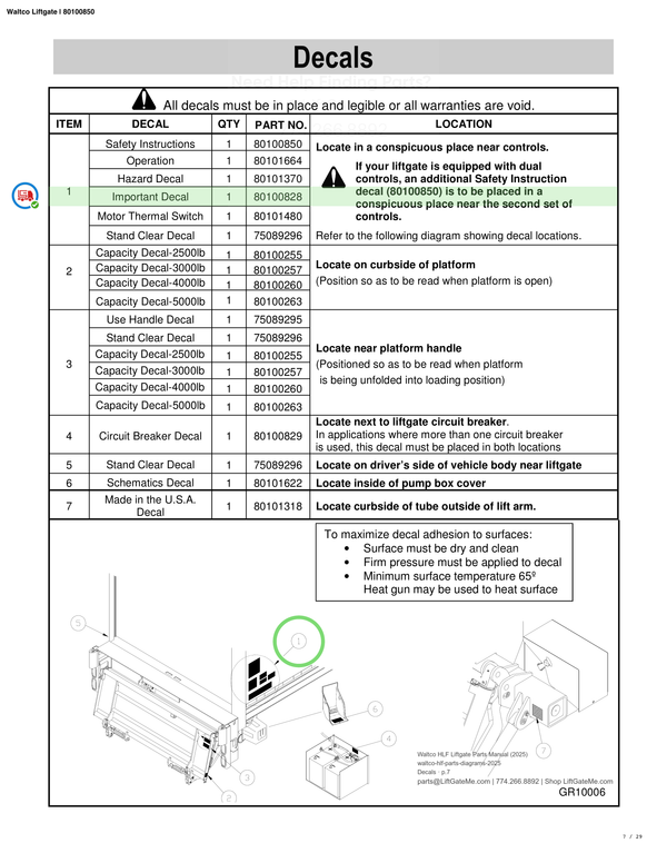 Waltco Liftgate | 80100850 — Decals · p.7 (Waltco C-Series Parts Manual)