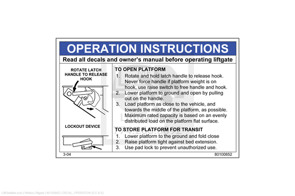 Waltco Liftgate Part Number 80100852 | decal, operation (f,c & e)