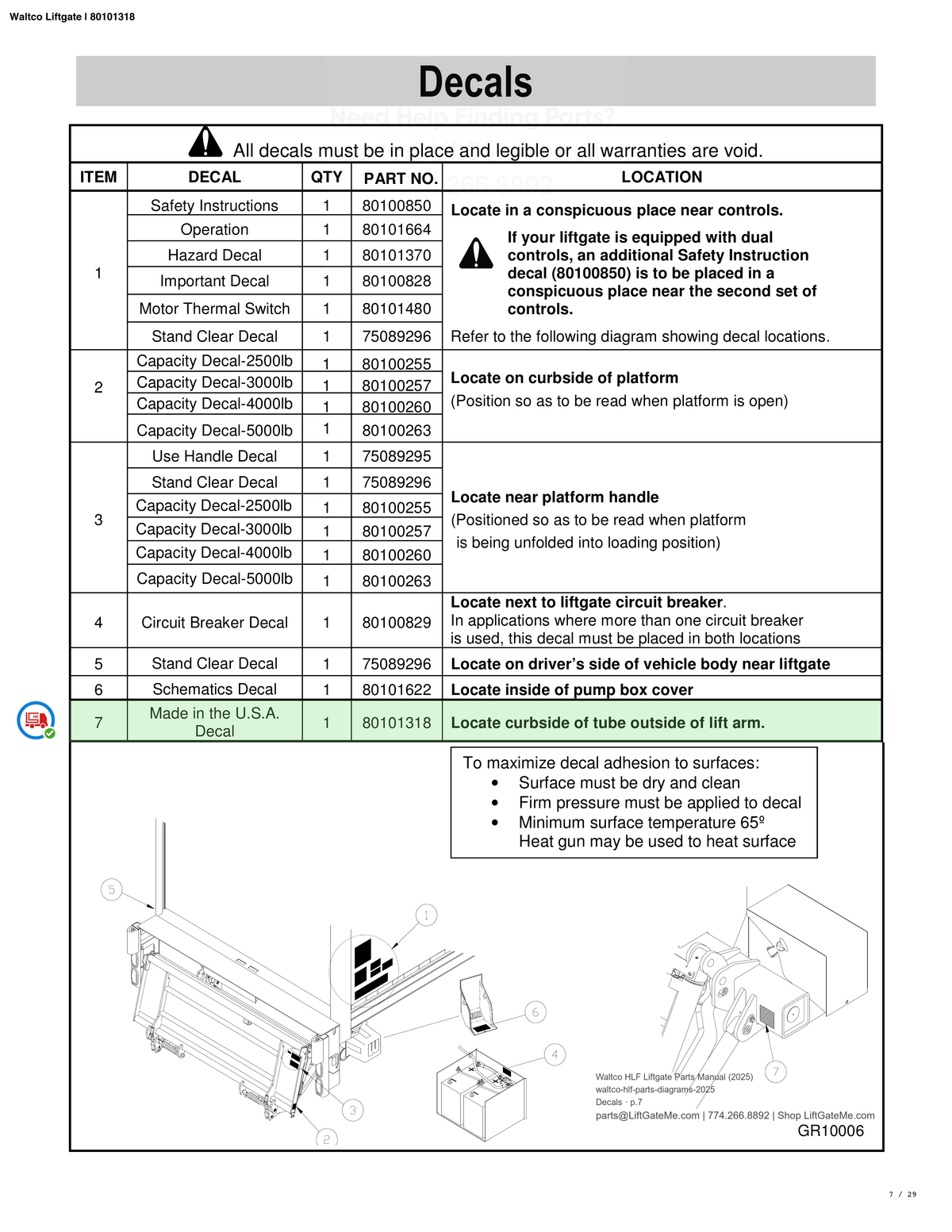 Waltco Liftgate | 80101318 — Decals · p.7 (Waltco HLF Parts Manual)