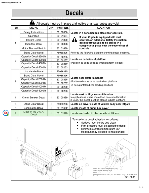 Waltco Liftgate | 80101318 — Decals · p.7 (Waltco HLF Parts Manual)