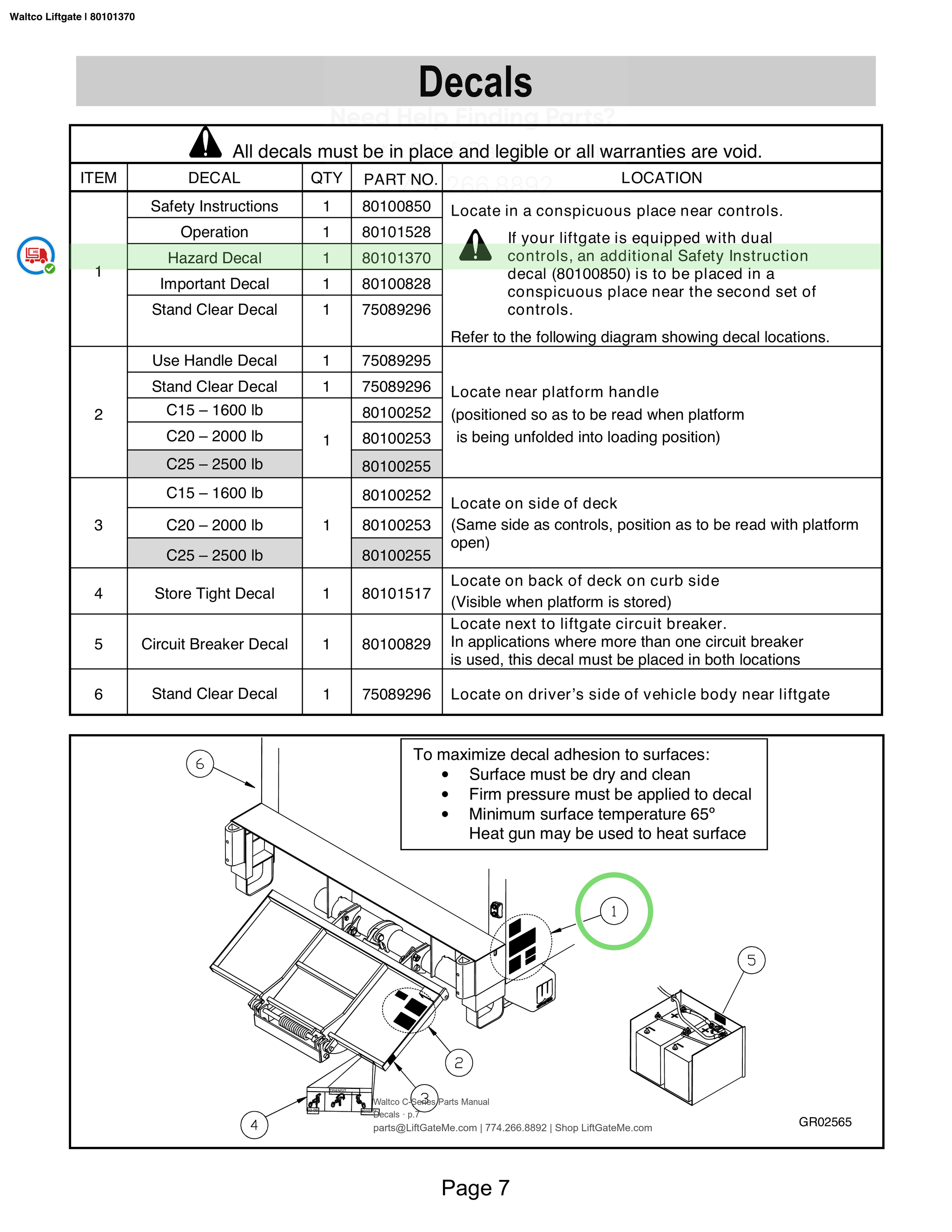 Waltco Liftgate | 80101370 — Decals · p.7 (Waltco C-Series Parts Manual)