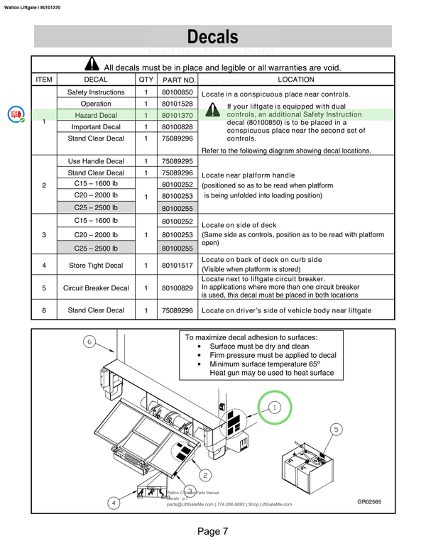 Waltco Liftgate | 80101370 — Decals · p.7 (Waltco C-Series Parts Manual)