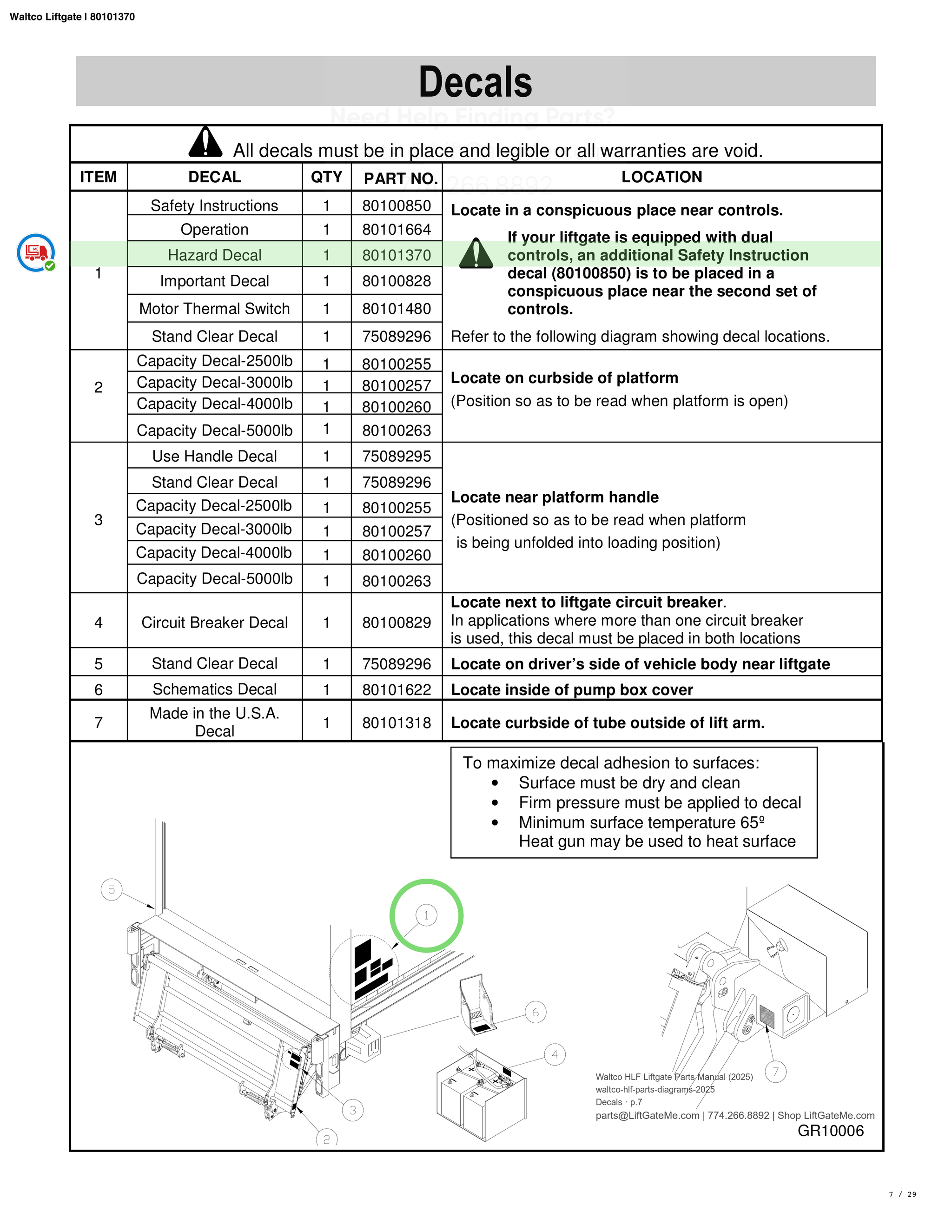 Waltco Liftgate | 80101370 — Decals · p.7 (Waltco C-Series Parts Manual)