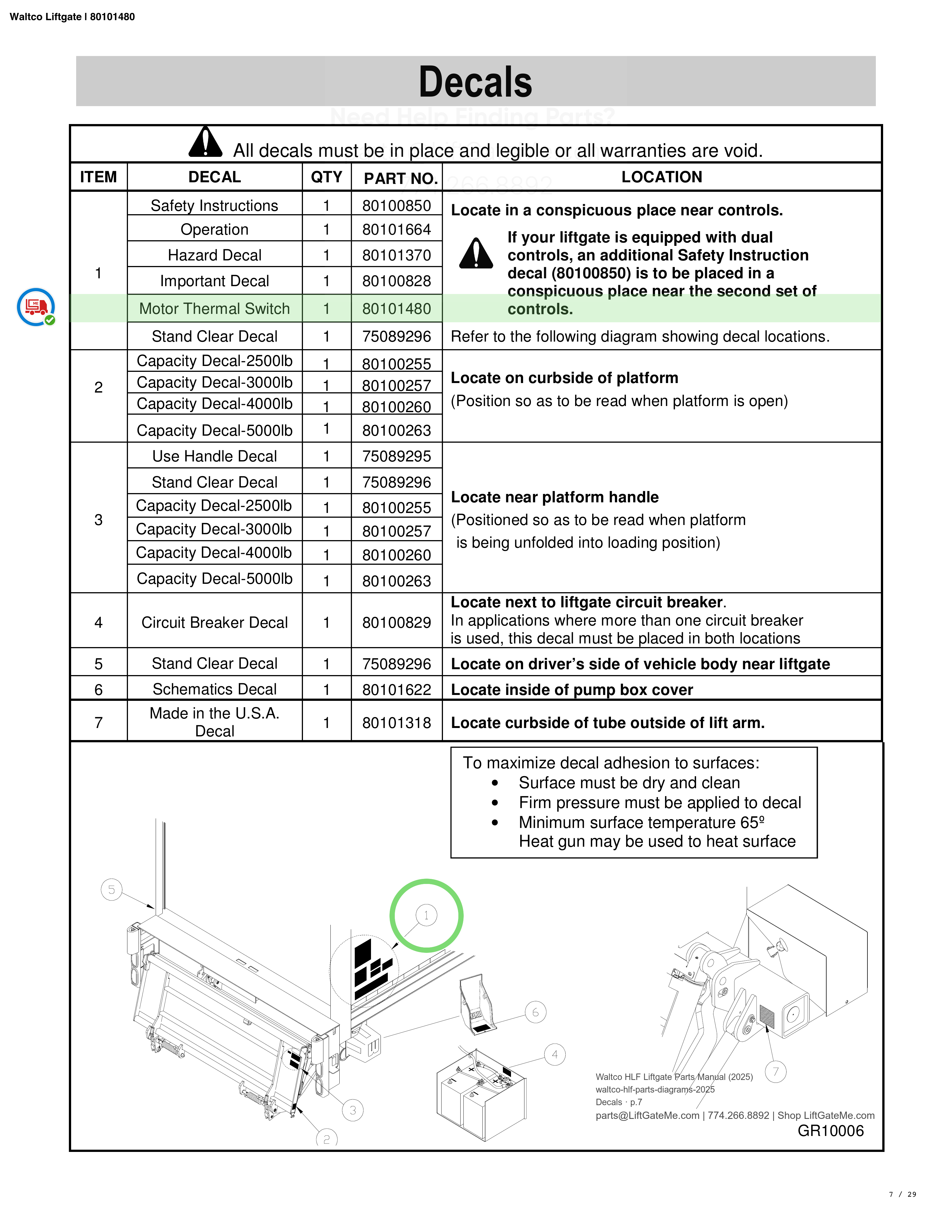 Waltco Liftgate | 80101480 — Decals · p.7 (Waltco HLF Parts Manual)