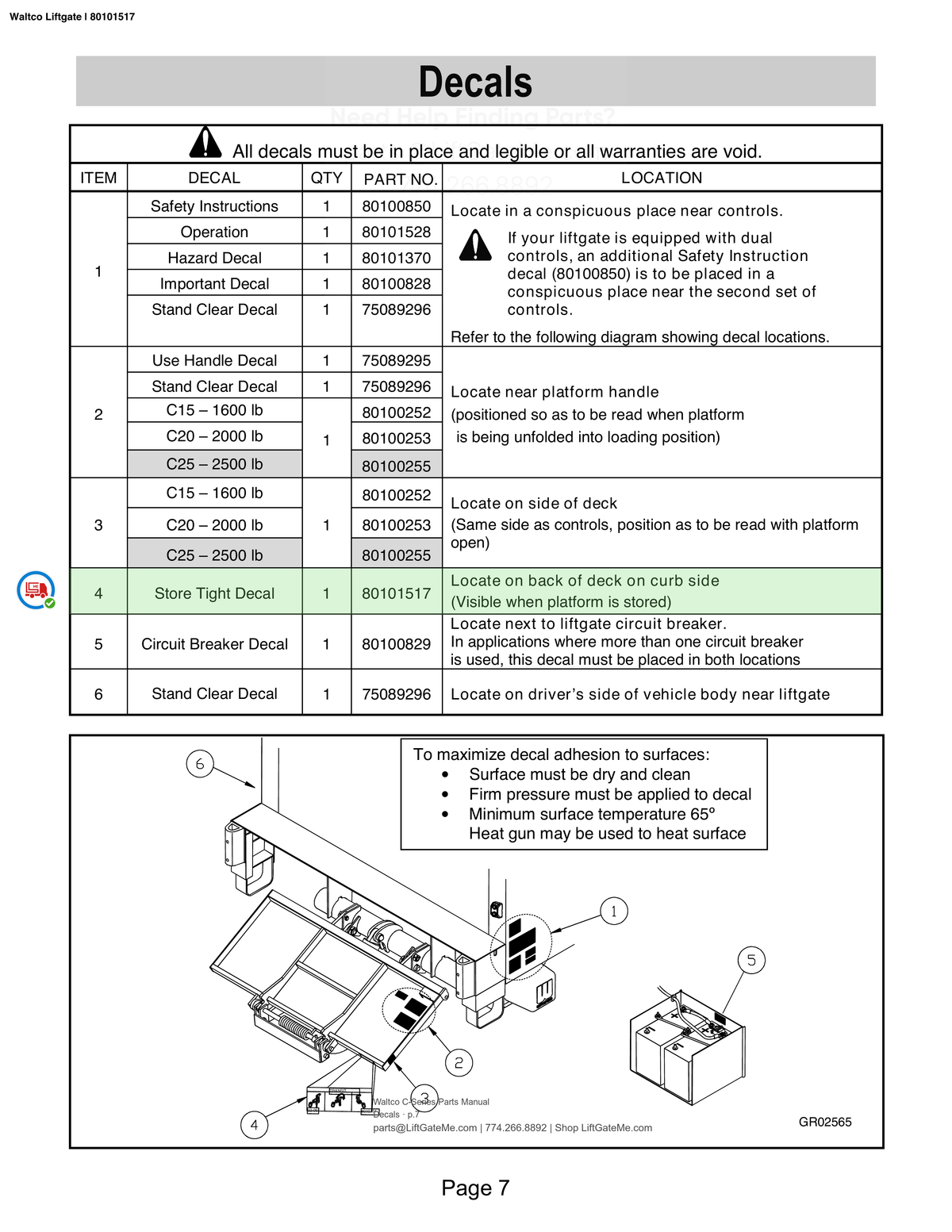 Waltco Liftgate | 80101517 — Decals · p.7 (Waltco C-Series Parts Manual)