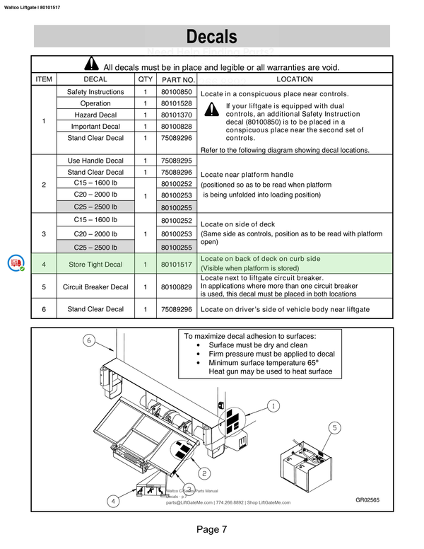 Waltco Liftgate | 80101517 — Decals · p.7 (Waltco C-Series Parts Manual)