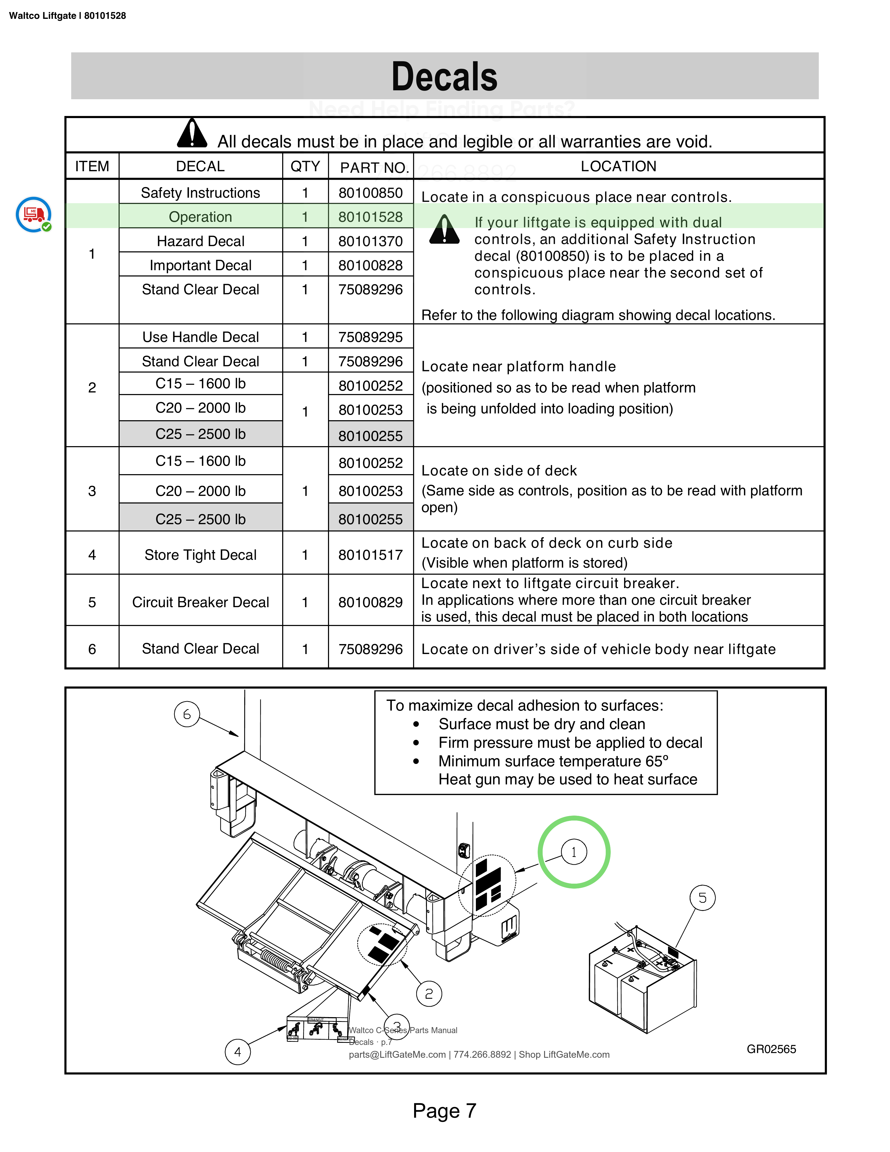 Waltco Liftgate | 80101528 — Decals · p.7 (Waltco C-Series Parts Manual)