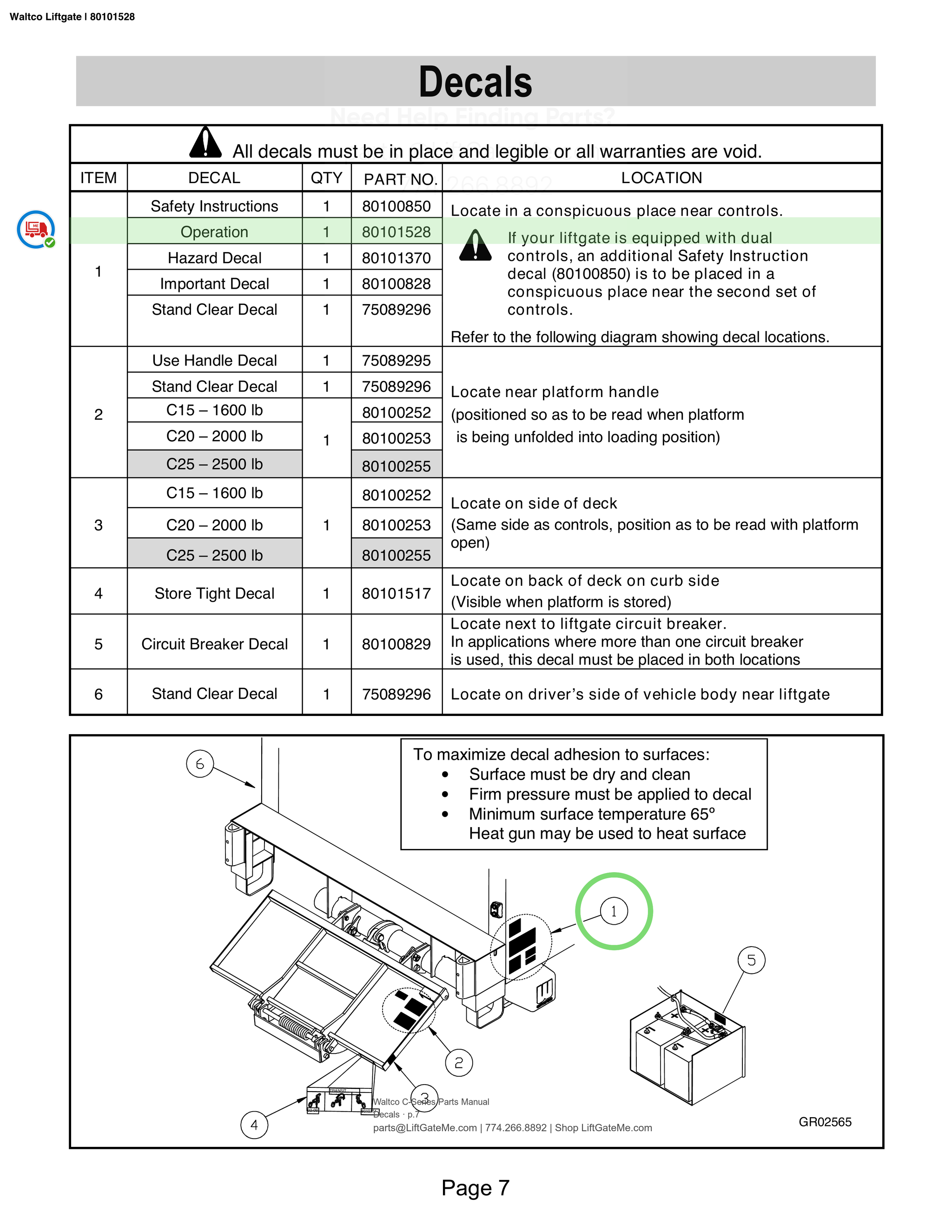 Waltco Liftgate | 80101528 — Decals · p.7 (Waltco C-Series Parts Manual)