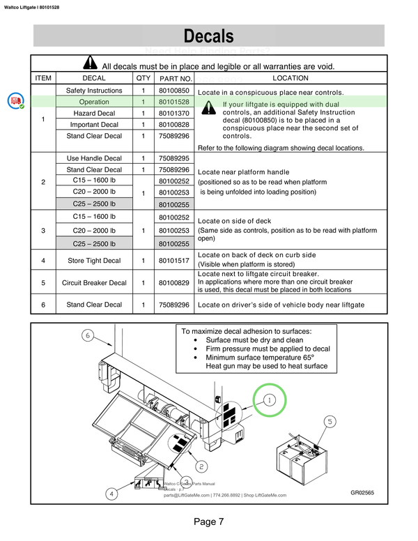 Waltco Liftgate | 80101528 — Decals · p.7 (Waltco C-Series Parts Manual)