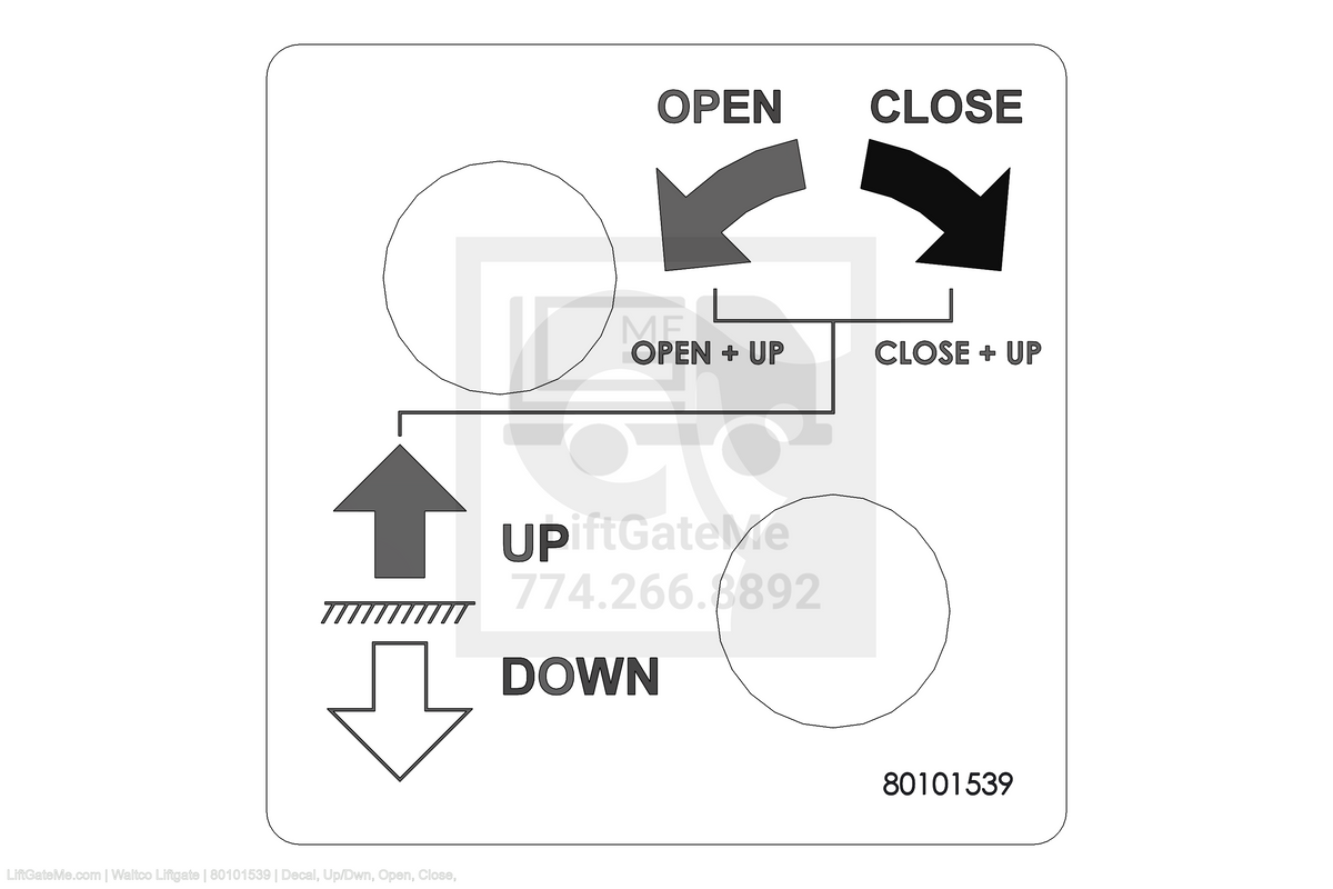 This is an image for a Waltco liftgate Decal, Up/Dwn, Open, Close,